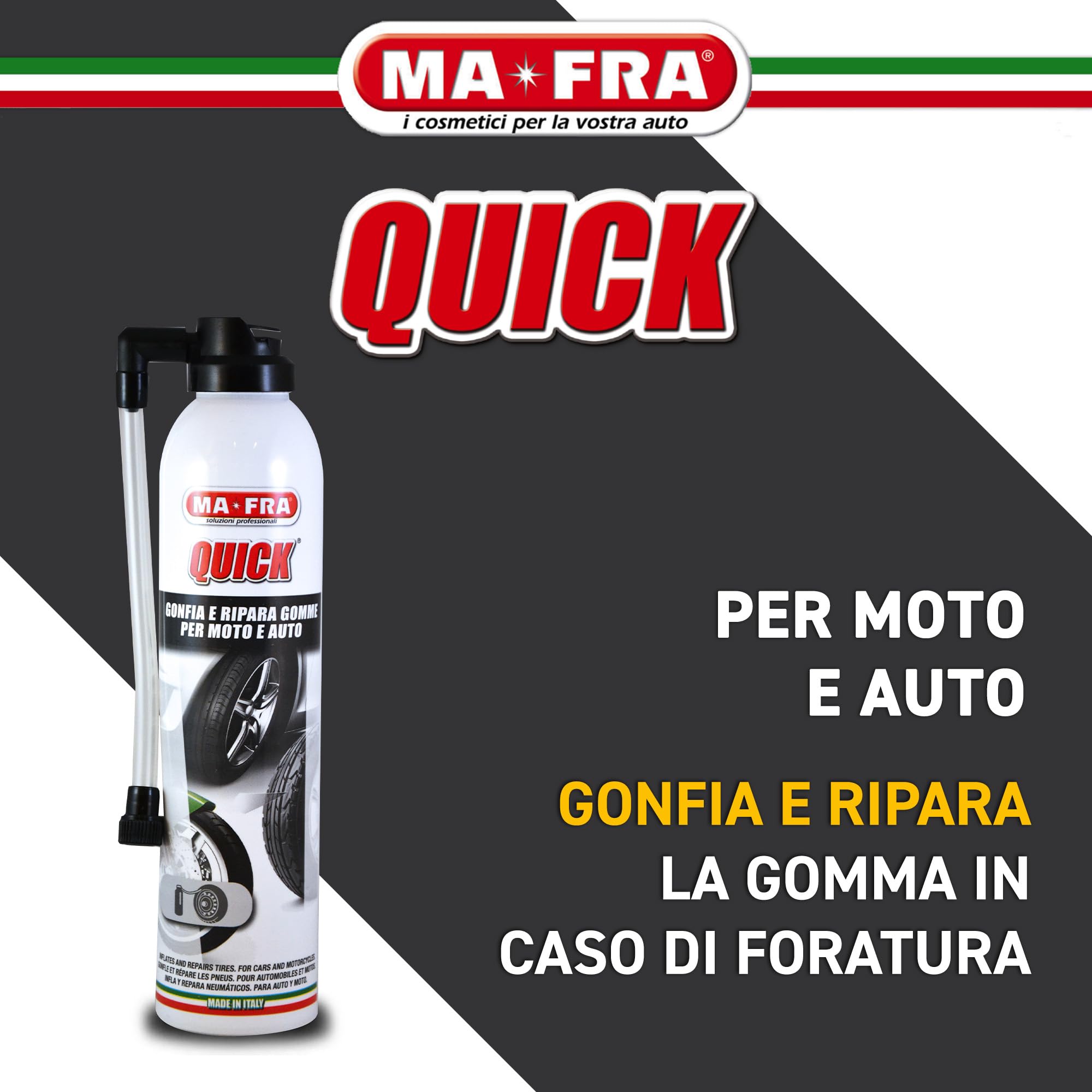 MAFRA, Quick, Gonfia e Ripara le Gomme Forate di Auto e Moto, Adatto a Pneumatici con e Senza Camera d'Aria, Facile da Trasportare, Bomboletta da 300ml