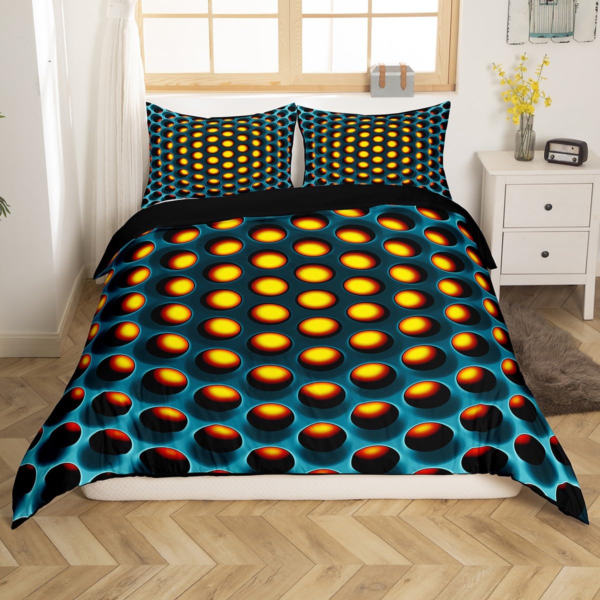 Kids Geometric Duvet Cover King Teen Boy Yellow Green Bedding Set Men Geometrical Stereoscopic Hole Pattern Comforter Cover Retro Neon Fashion Style Bed Set Reversible Black - Image 2