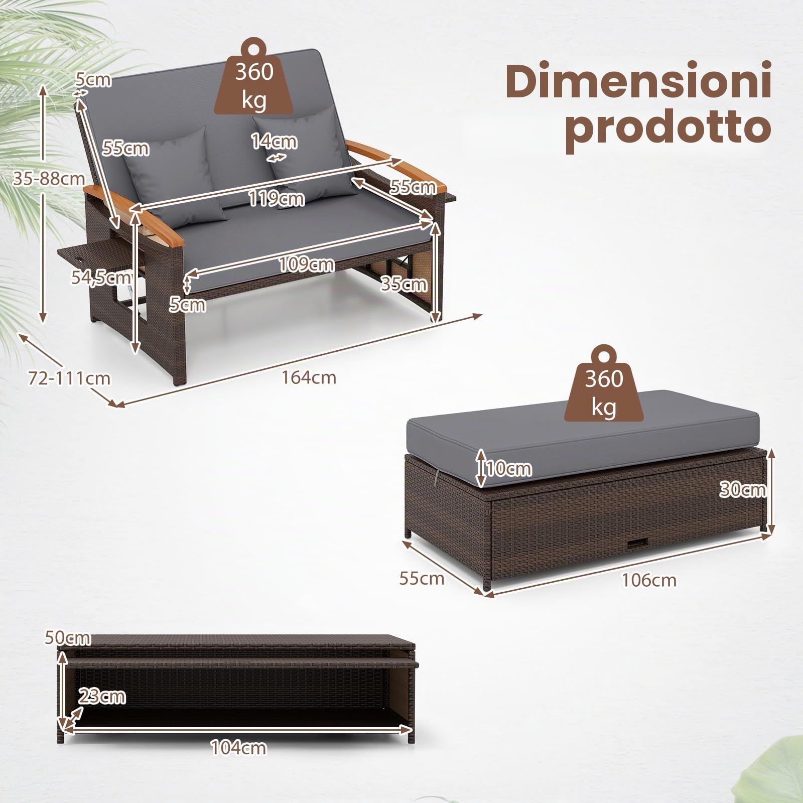 GIANTEX Divano da Giardino in Rattan a 2 Posti con Funzione Allungata, Set di Mobili in Rattan con Sgabello, Doppia Sedia a Sdraio per 2 Persone, 3 Colori