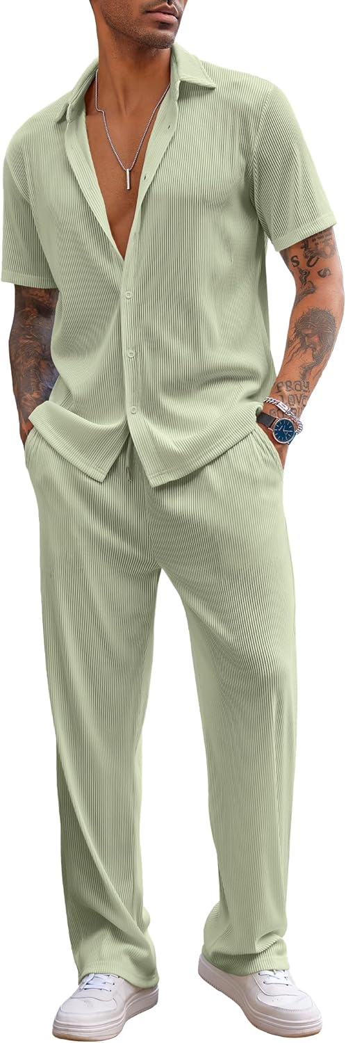 COOFANDY Men's 2 Piece Outfit Casual Short Sleeve Button Down Shirt Beach Summer Loose Pant Sets