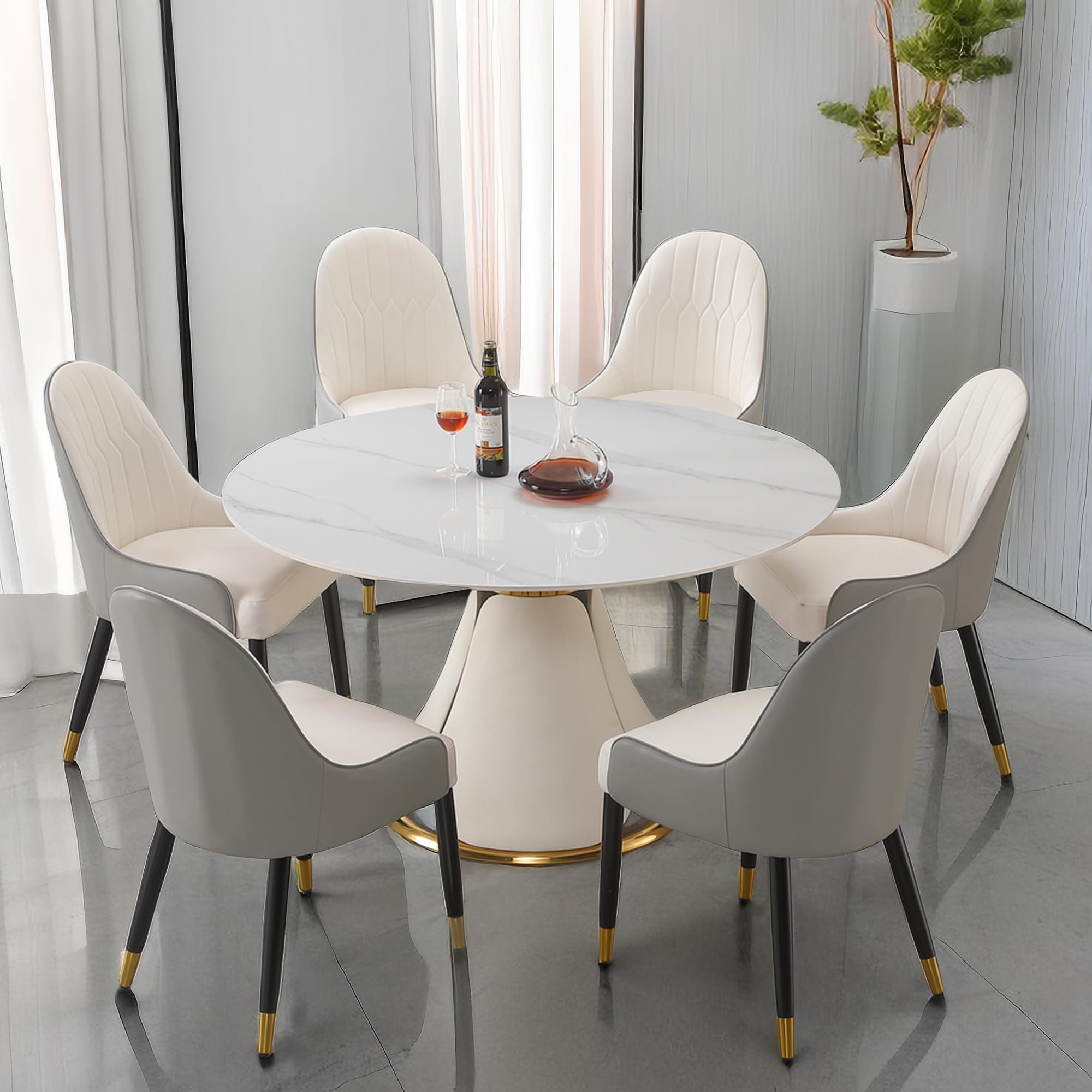 7-Piece Kitchen Dining Table Set for Dining Room, Kitchen, Dinette, Compact Space w/53 Round Sintered Stone Tabletop, 6 Solid Wood with Metal Frame Upholstered Chairs (7Pcs Dining Set)