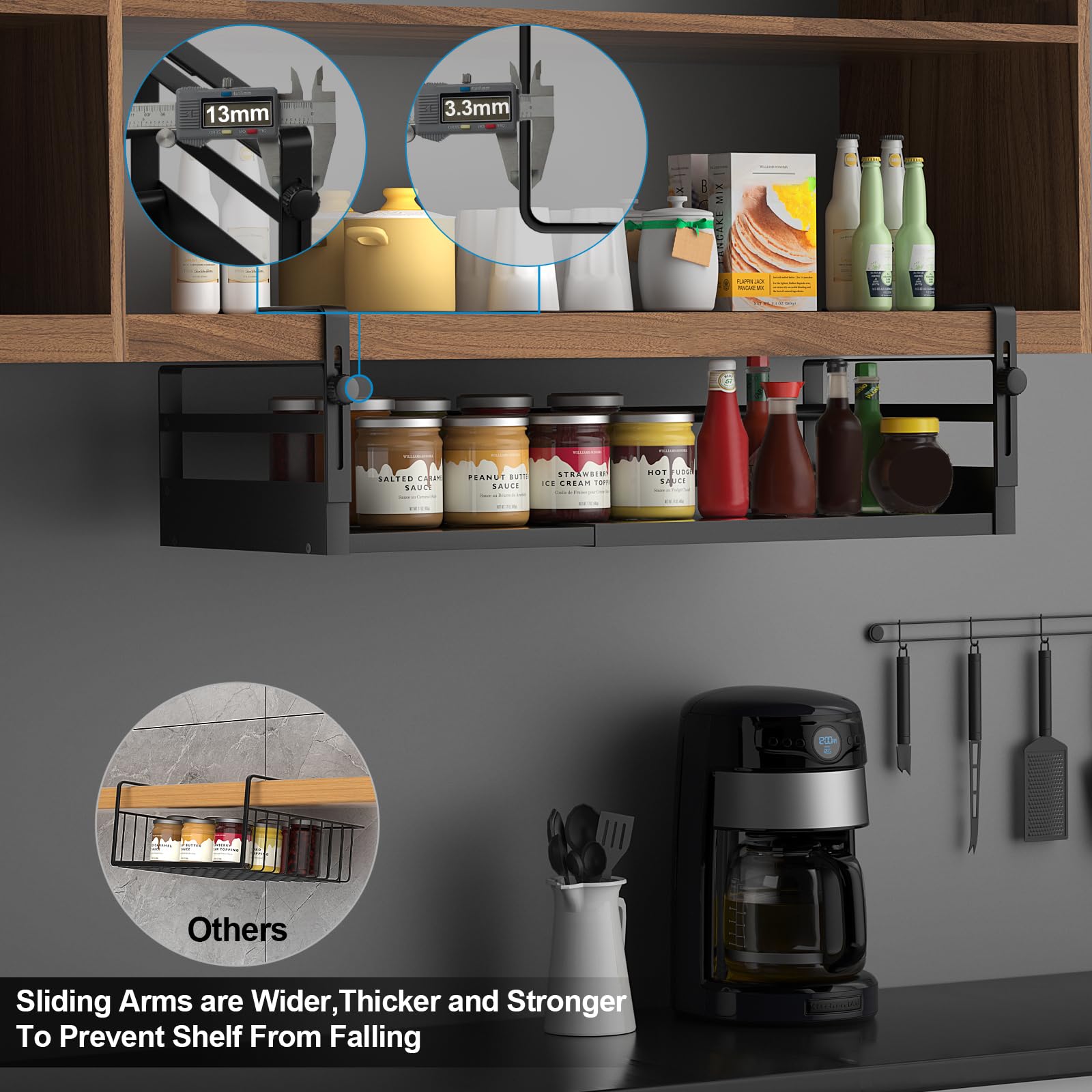 AmonHouseware Regalkorb-Organizer, verstellbar, unter dem Schrank, Hängeregal, Länge dehnbar, 33-53 cm, für Küche, Speisekammer, Schreibtisch, Theke, Bücherregal, Schrank, Schwarz, 2 Stück