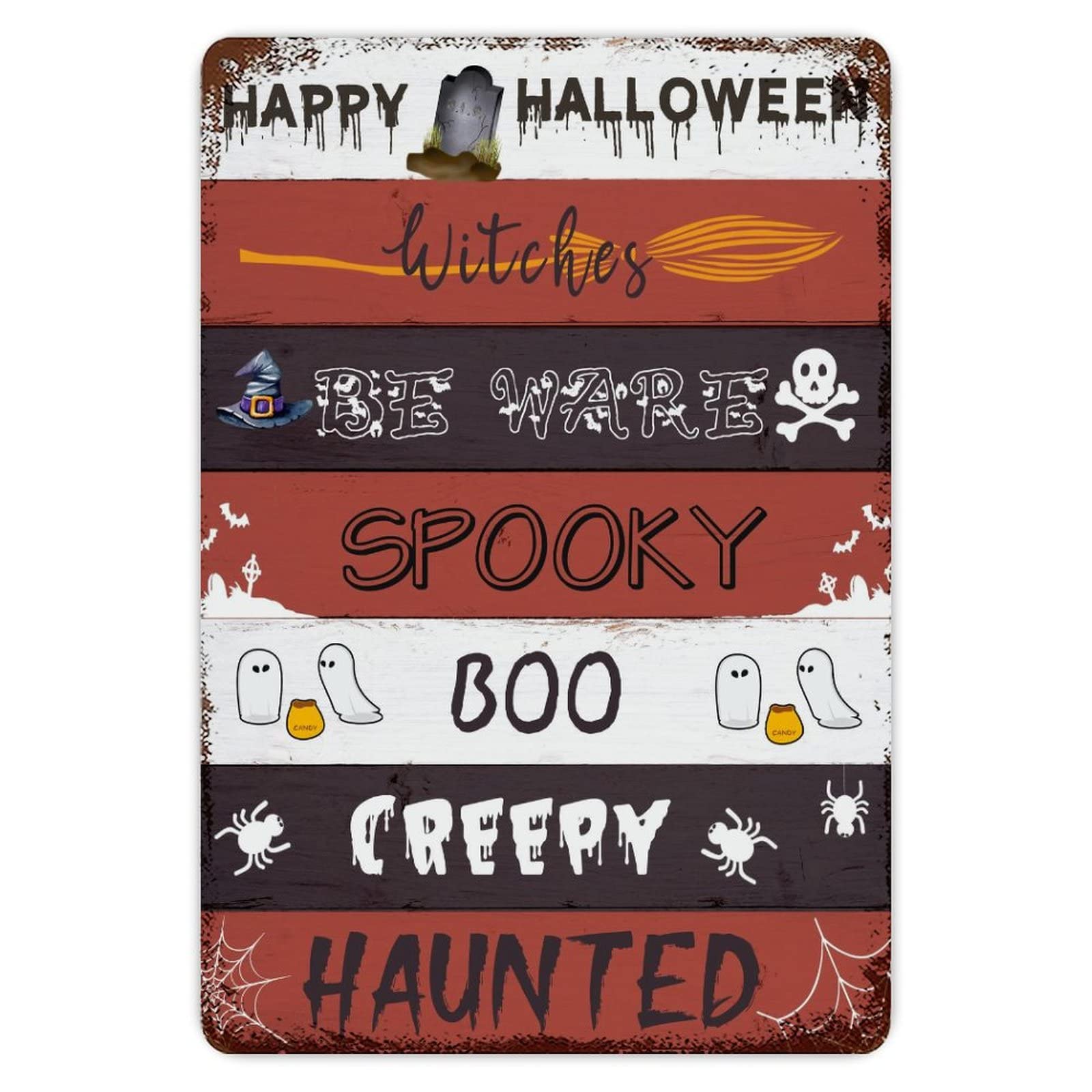 ENEDNATE Farmhouse Aluminum Sign October 31 Happy Halloween Trick Or Treat Be Ware Spooky Ghost Metal Sign Retro Aluminum Tin Sign for Kitchen Bedroom Living Room Wall Art Door Home Decor Sign 8"x12"