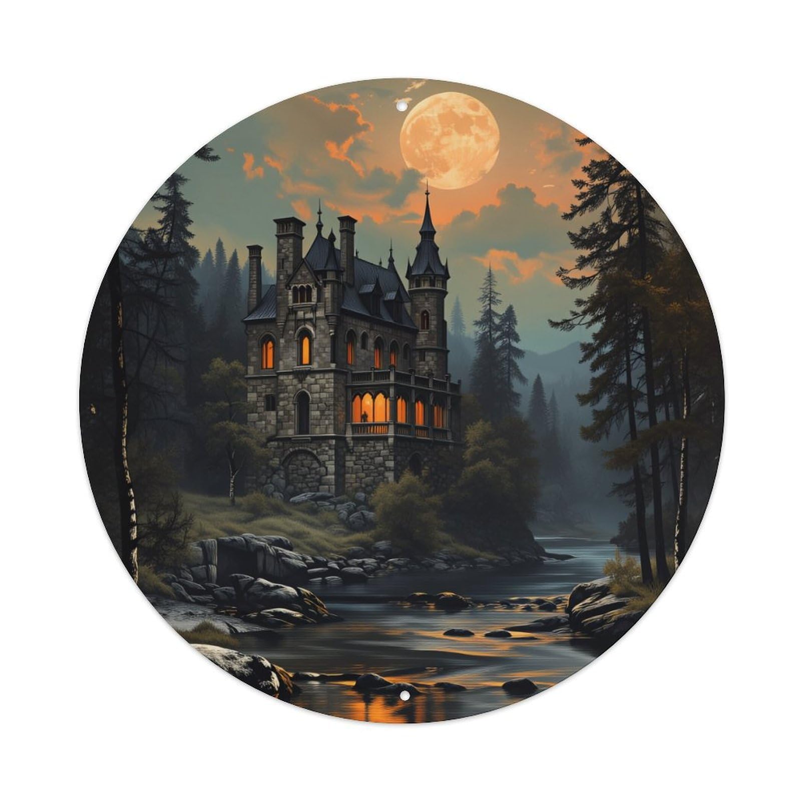 Mystic Castle Moonlight Forest River Round Tin Sign Vintage Metal Poster Retro Bar, Home, Man Cave, Kitchen, Laundry Room Wall Art Decor Gift 8x8Inch