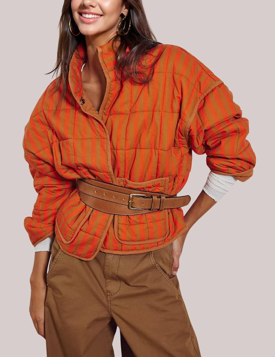 InterNos Womens Quilted Jacket Lightweight Winter Striped Stand Collar Padded Puffer Cardigan Coat with Pockets - Image 4