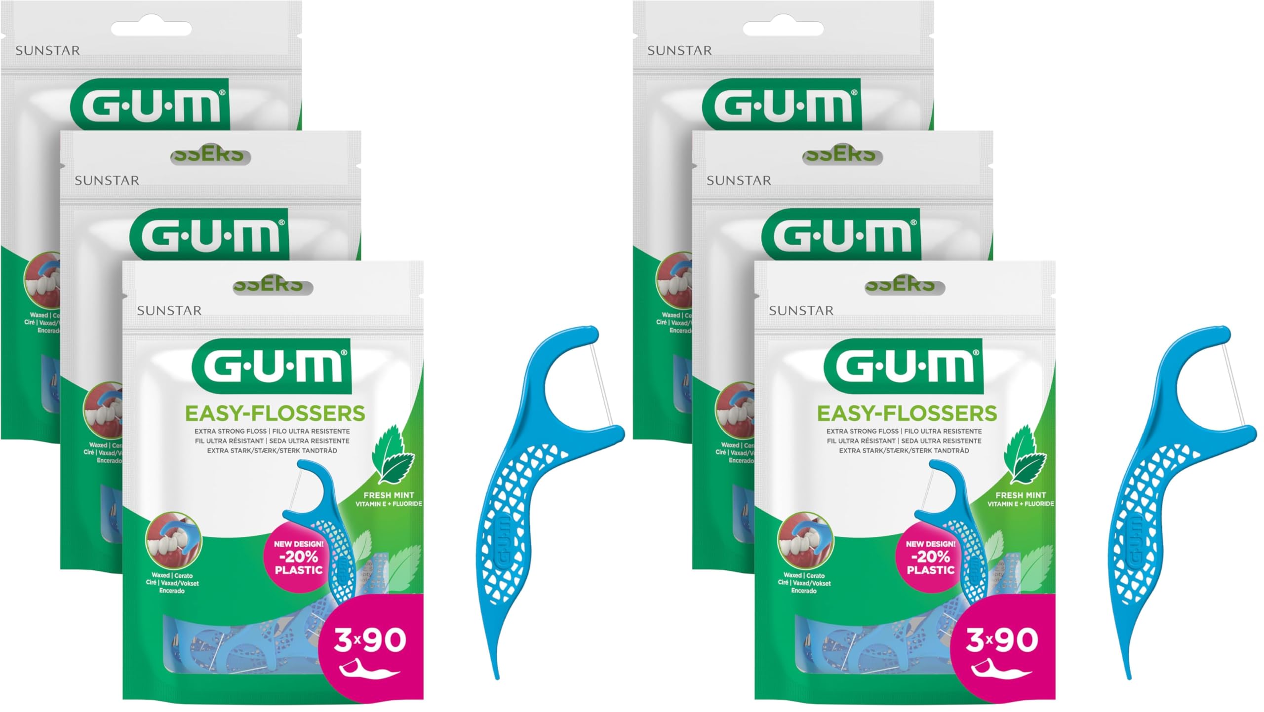 GUM® EASY-FLOSSERS | Zahnseidesticks | Entfernt Plaque und Speisereste zwischen den Zähnen | Beschichtung mit Fluorid und Vitamin E| 3 x 90 Sticks (Packung mit 2)
