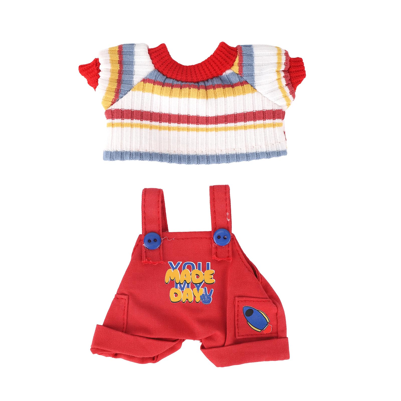 Doll Clothes Set for 17cm Dolls, 2-Piece Cute Overalls and Striped Knit Shirt Stylish Doll Outfit Accessories for Boys Girls Collectors and Gifts, No Dolls