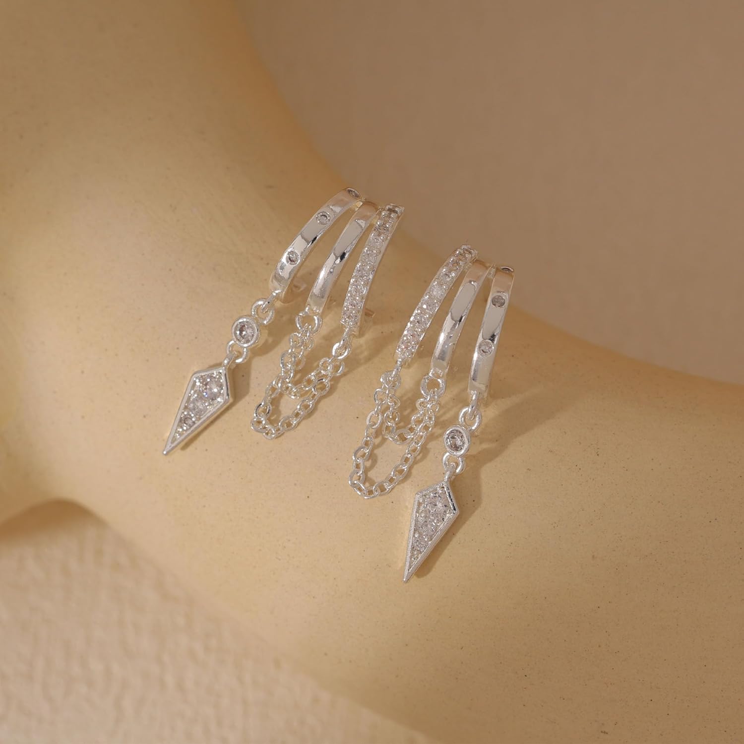 Dangle Earrings for Women,14k Gold Plated Triple Huggie Stud Earrings Cute Statement Chain Earring Dainty Drop Earrings for Women Trendy Gold Plated Jewelry - Image 6