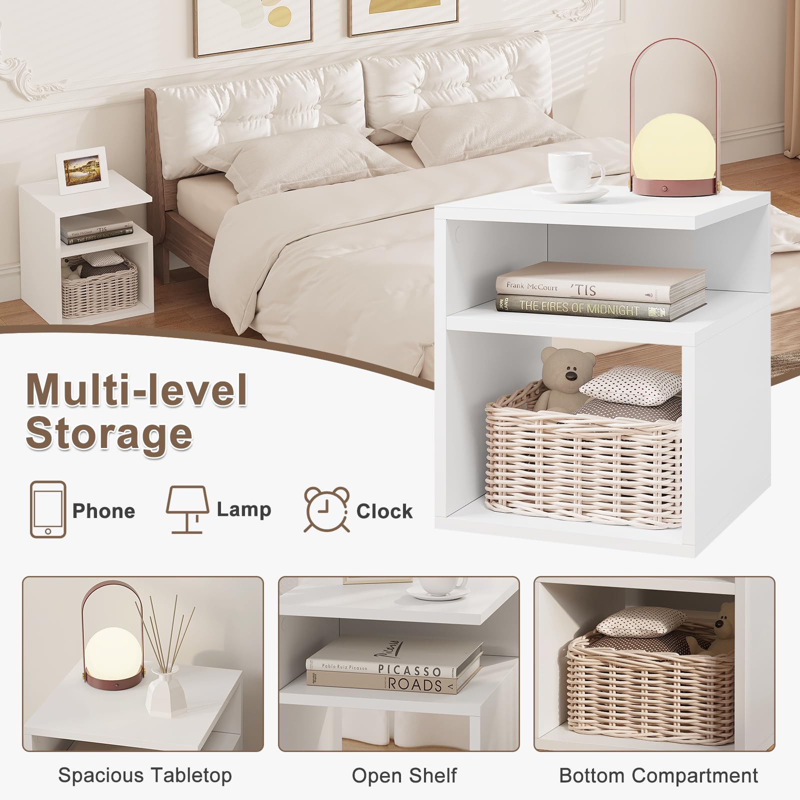 EUGAD Set di 2 Comodini a 3 Ripiani, Tavolini da Notte Bianchi Moderni per Camera da Letto, Mobili Salvaspazio, in Legno, 35x35x41,5 cm