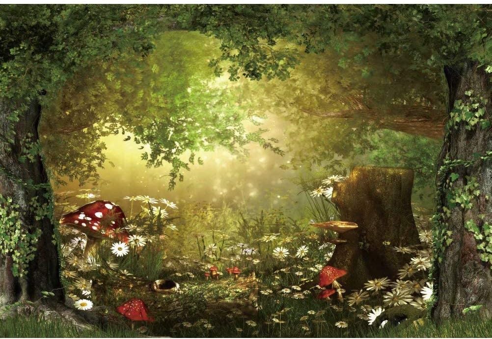 Fairy Tale Forest Wonderland Backdrops for Photography Vinyl 10x7ft Green Trees Wildflowers Daisy Mushroom Scenery Photo Background Portrait Kid Boy Girl Photoshoot Studio Prop Party Decor