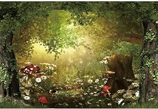 Fairy Tale Forest Wonderland Backdrops for Photography Vinyl 7x5ft Green Trees Wildflowers Daisy Mushroom Scenery Photo Background Portrait Kid Boy Girl Photoshoot Studio Prop Party Decor