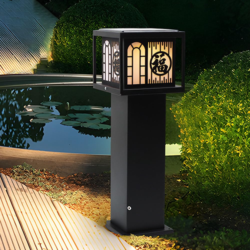 HELCEKOU 23.6" Solar Pathway Lighting Square Led Bollard Lights with IP65 Waterproof Modern Landscape Iron Housing Garden Path Light for Courtyard Garage Driveway Walkway
