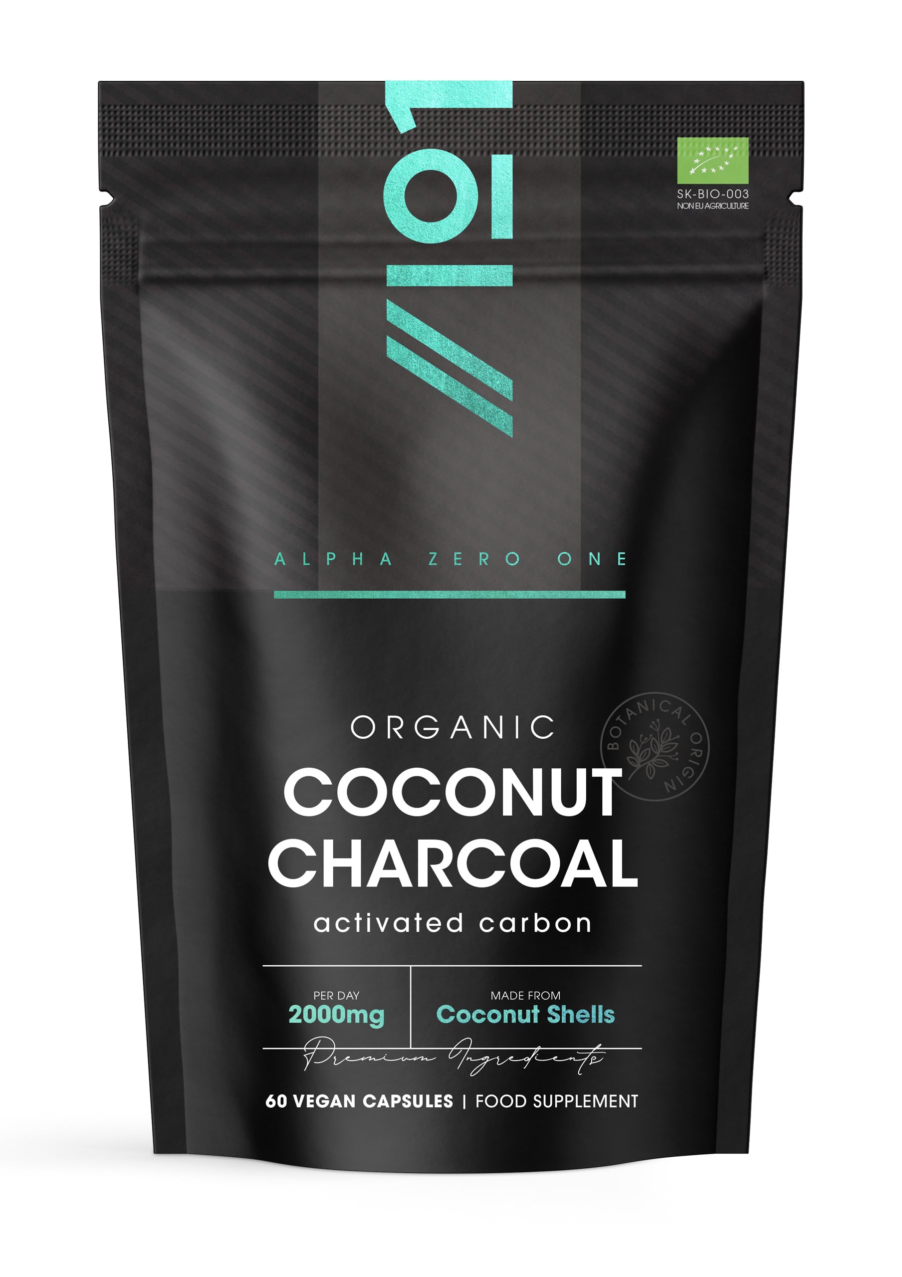 ALPHA01 Activated Coconut Charcoal Capsules - 1000mg - Made from Organic Thai Coconut Shells - Non-GMO, 60 Vegan Capsules (1 Pack)