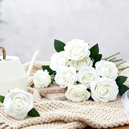 Miniatura 6 de 52 rosas blancas artificiales con tallos, ramo de rosas falsas a granel, rosas de terciopelo de seda para centros de mesa de boda, baby shower,