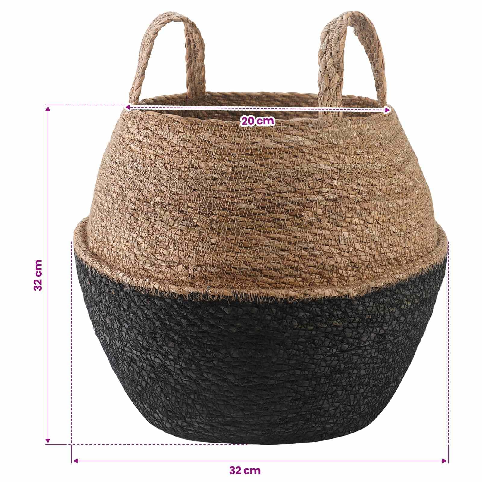 Schwarzer Pflanzenkübel mit Griffen aus 100% Seegras Ø 32 x 32 cm, geflochtener Look für Indoor und Outdoor, Blumen Topf für Balkon Terrasse Fensterbank Garten