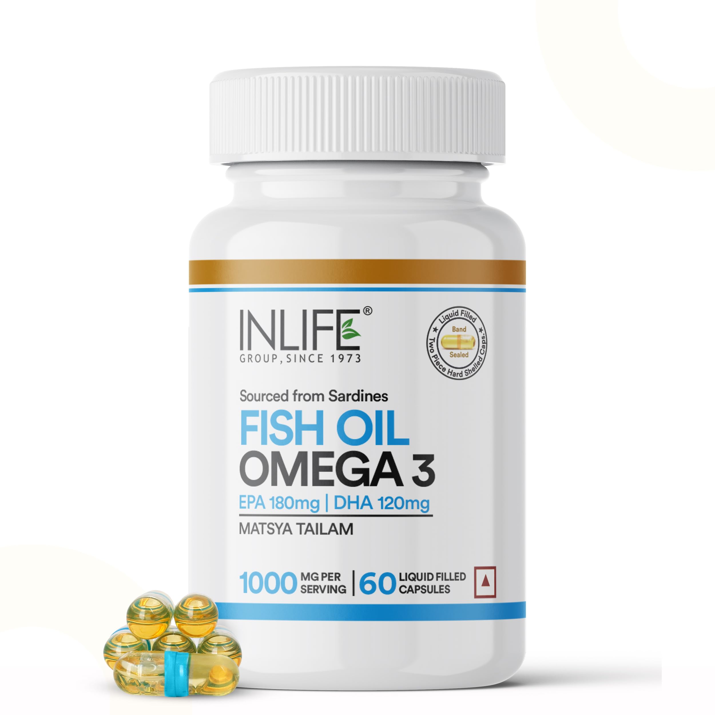 INLIFE Fish Oil Capsules Omega 3 1000mg | 180mg EPA & 120mg DHA | Supports Brain, Heart, Joint & Eye Health - 60 Liquid Filled Capsules