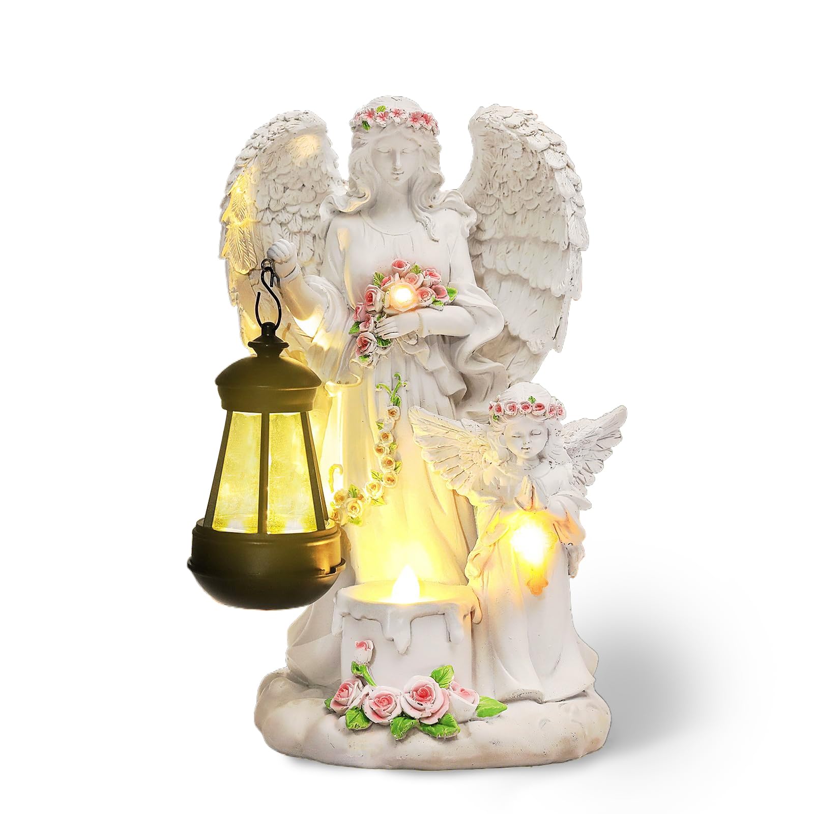 Syfunlv Solar Engel Gartenfigur mit LED Laterne, Wetterfeste Schutzengel Statue für Außen Friedhof Terrasse Hof Grabschmuck Stil 2
