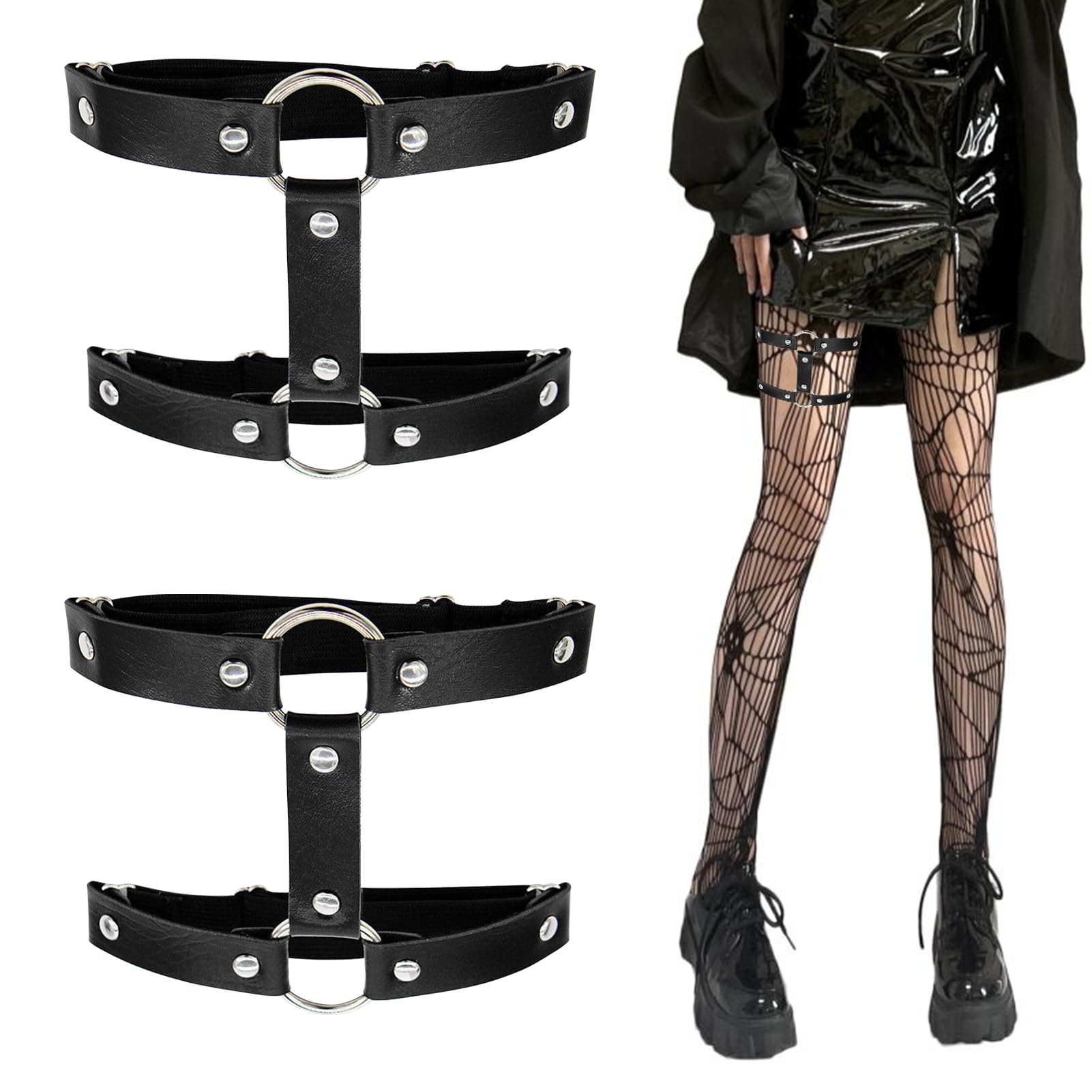DeilonieLeg Garter, Thigh Ring Garter, Leather Leg Harness, Adjustable Thigh Belt, Punk Goth Garters, Leg Strap Costume for Women, Garters for Thigh Highs, Black Garter Belt (2PCS)