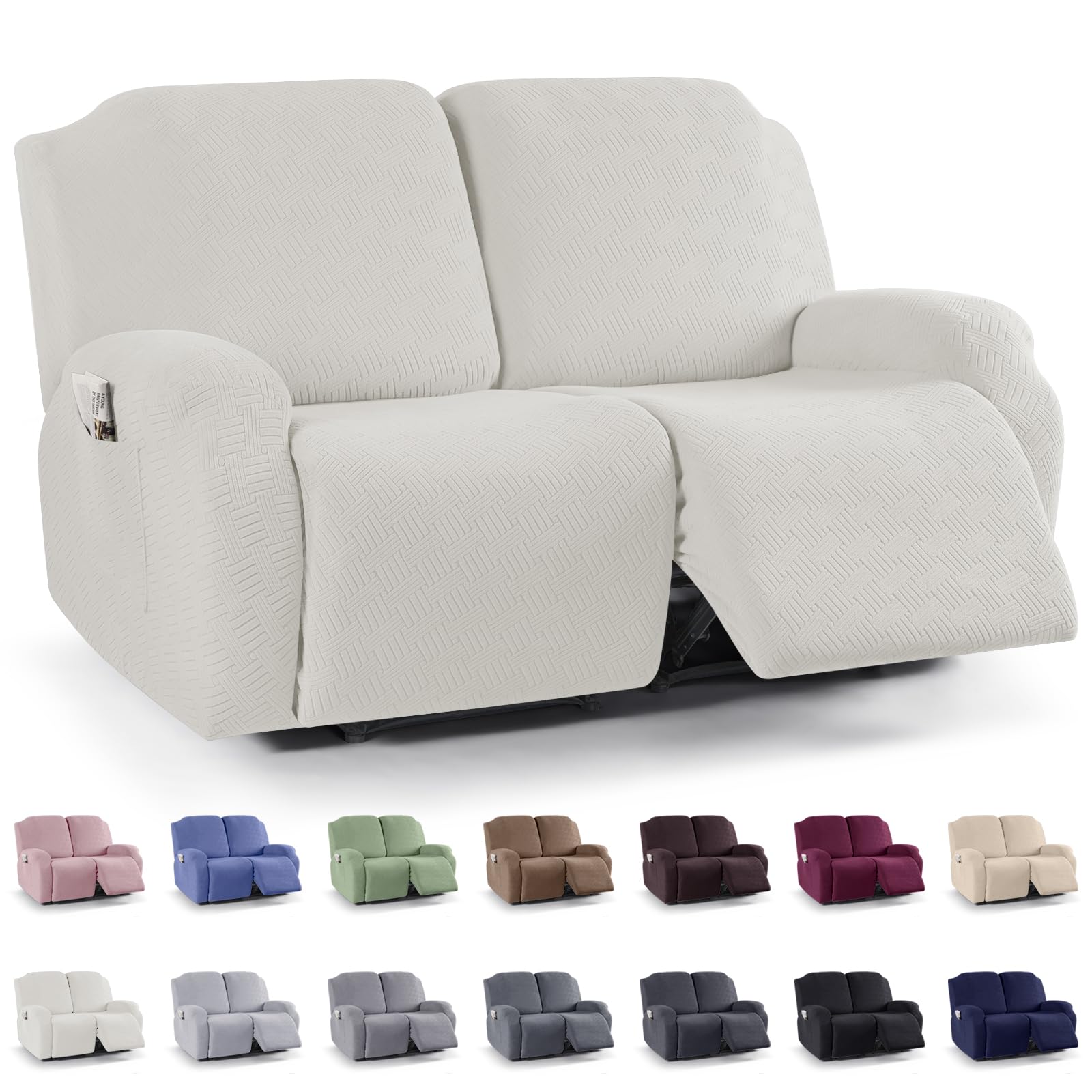 KinCam Recliner Covers, Stretch Reclining Chair Covers, Recliner Sofa Slipcovers Stripe Jacquard Recliner Couch Covers Furniture Protector Covers for Pet Kid (2XL Seater, Cream)