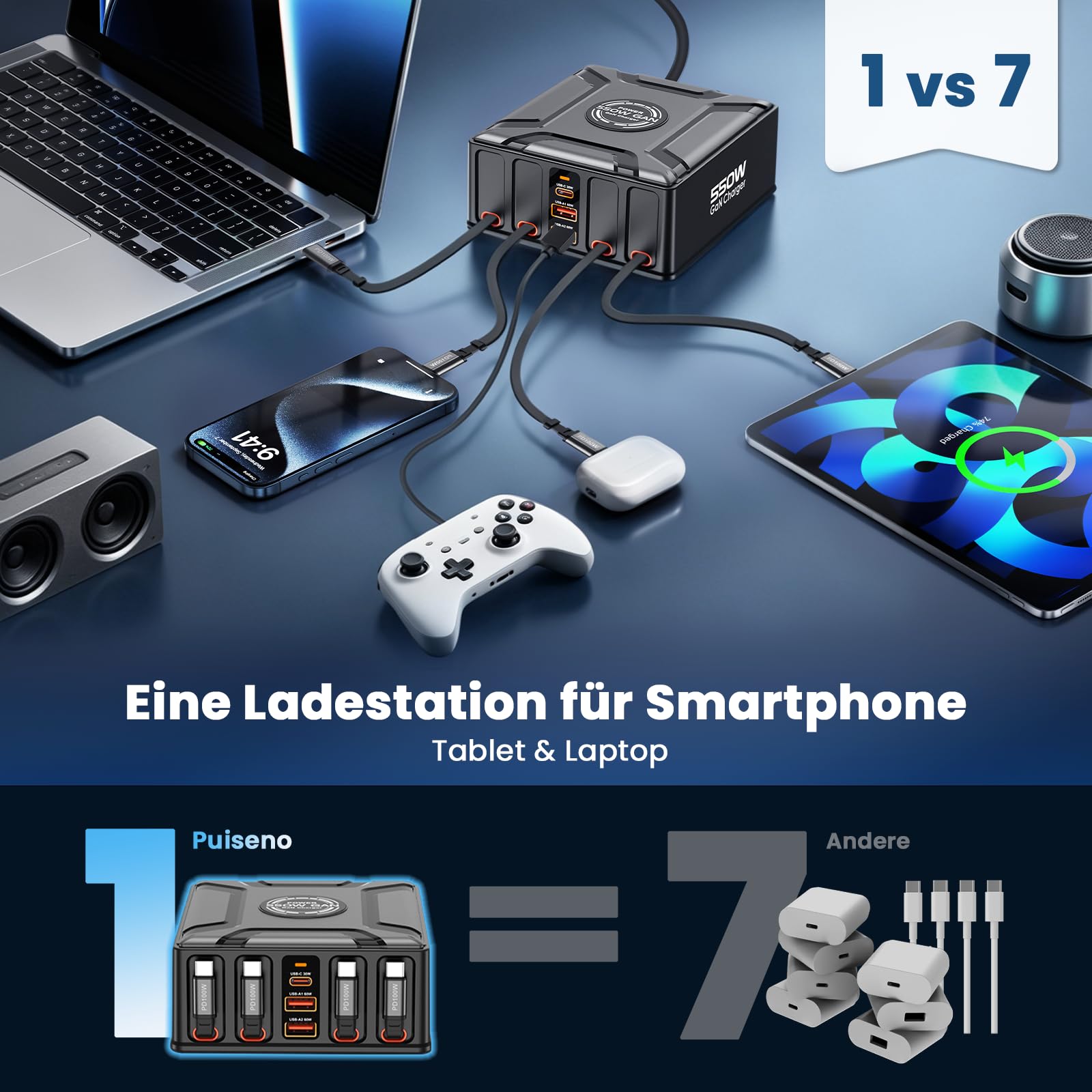 Caricatore USB C 7 in 1 e 550 W, 4 cavi retrattili USB-C da 100 W + caricatore rapido per laptop a 3 porte, alimentatore multiplo GaN, caricatore PD compatibile con MacBook, iPhone 17/16/15, Galaxy