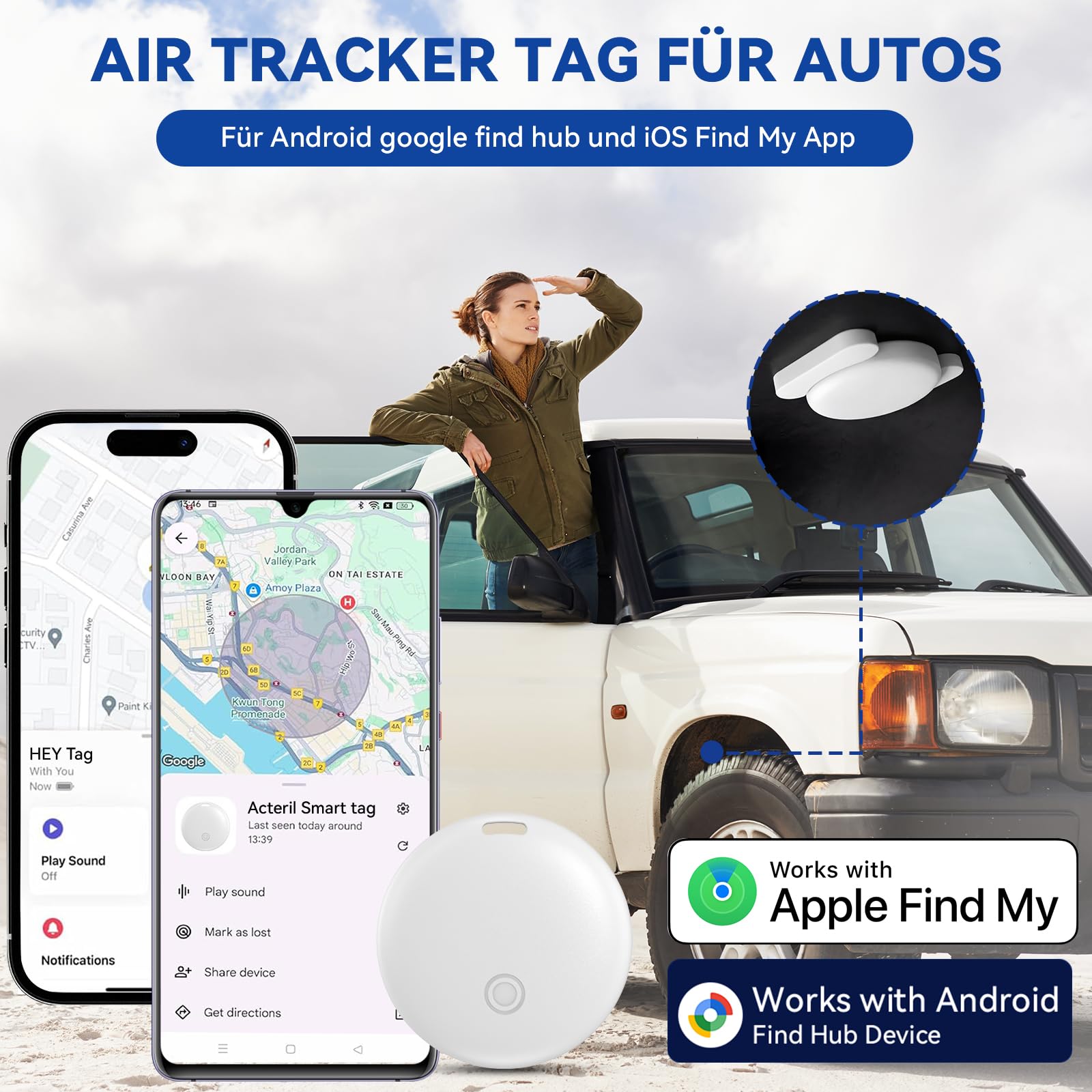 GPS Tracker per Auto, Magnetica Localizzatore GPS Senza Abbonamento Compatibile con Android e iOS, Air Tracker con Custodia Magnetica Impermeabile per Auto/Moto/Bicicletta