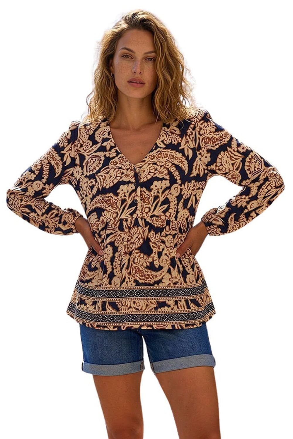 Roman Originals Women's Black Paisley Print Tunic Top For Uk - Everyday Autumn Winter V-Neckline Comfy Soft Evening Vacation Work Party Night Out - Size 10