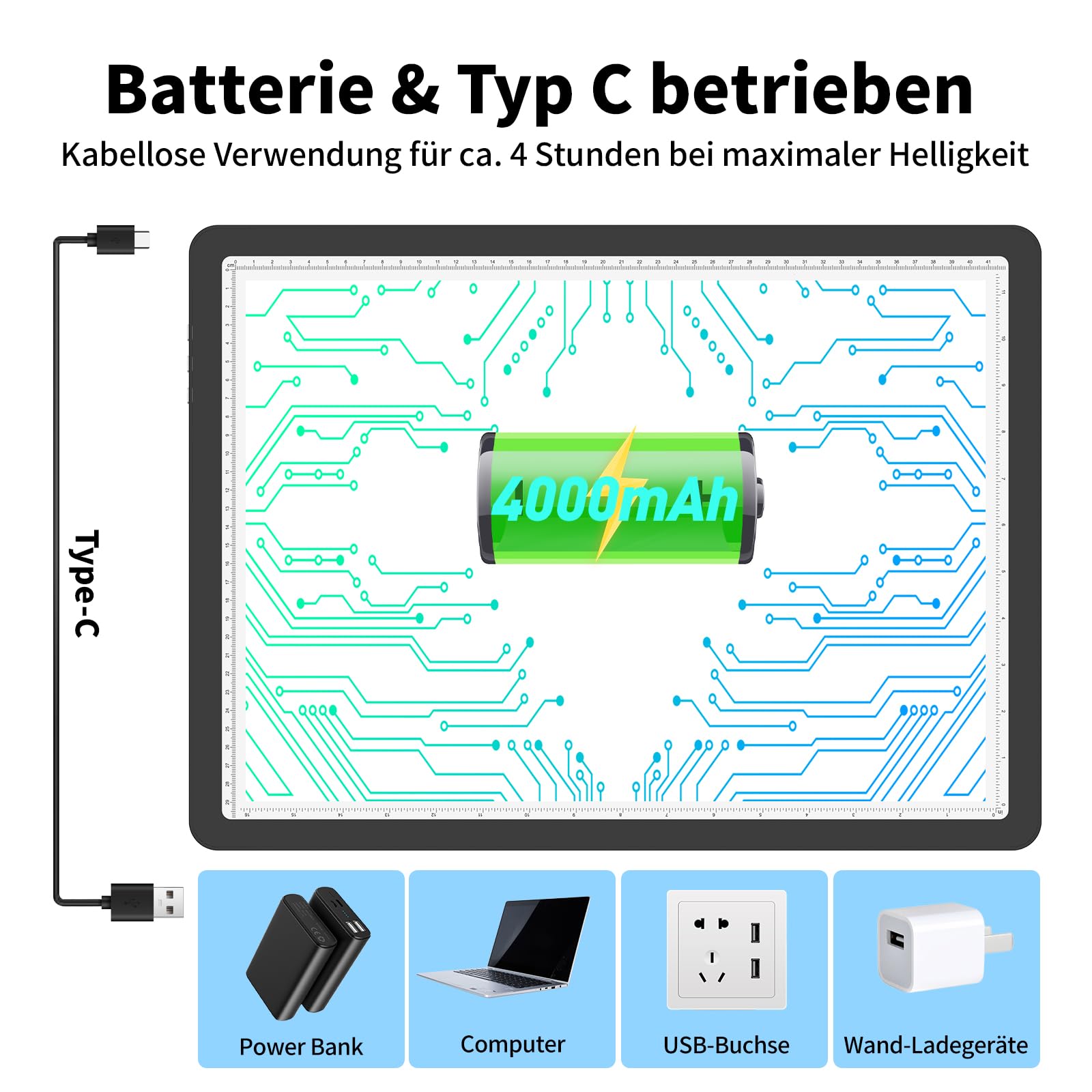 TOHETO A3 Leuchttisch für Diamantmalerei, Wiederaufladbares Ultraheller Leuchtkasten zum Zeichnen, Aufladbar LED Licht Pad zum Nachzeichnen, Kabelloses Lichtplatte Lichttafel zum Skizzieren (Schwarz)