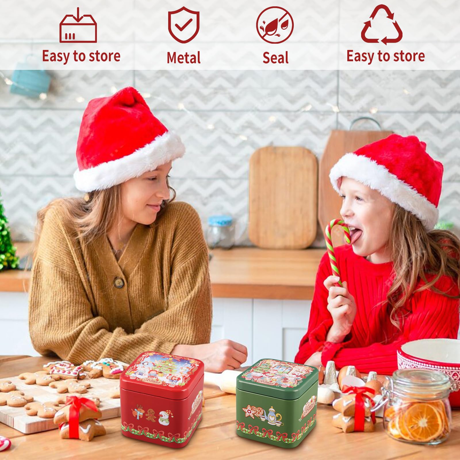 FePen Keksdose Weihnachten, 2 Stück Plätzchendose Mit Deckel, Weihnachtskeksdose, Süßigkeit Dosen, Weihnachten Keksdose Metall, Quadrat Weihnachtsdosen für Plätzchen Küche, Haushalt & Wohnen