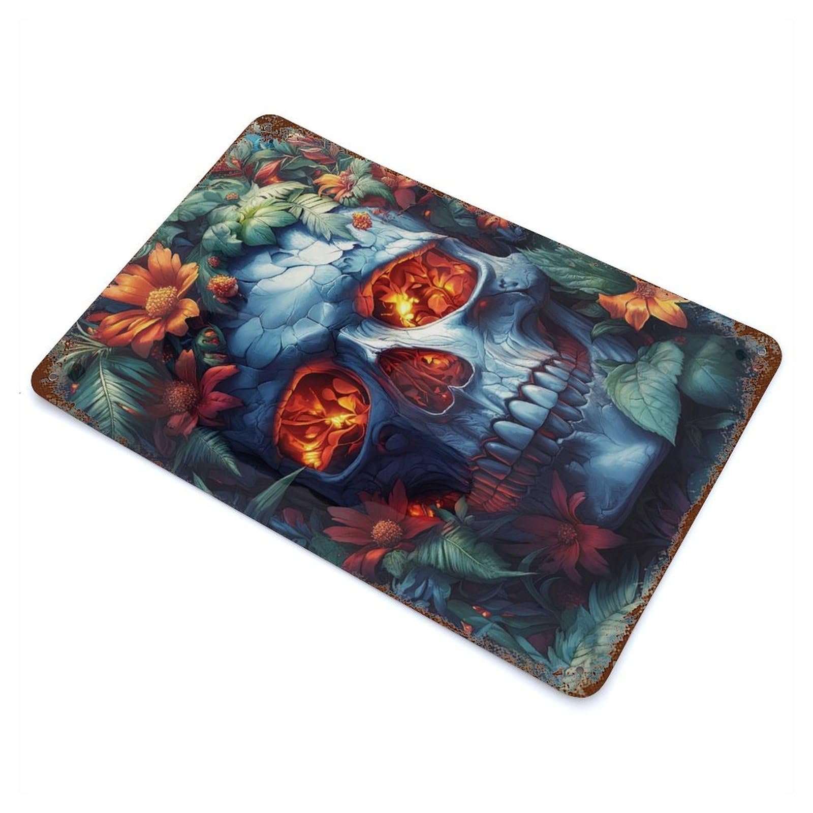 Garage Style Floral Skull Weathered Tin Sign 11.8"x7.9", Classic Wall Plaque for Bar And Workshop