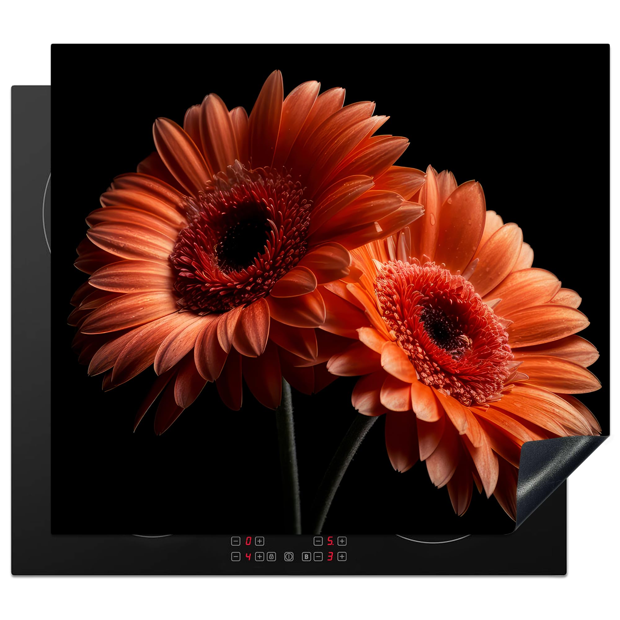 KitchenYeah© Induction Hob Cover Protector Mat 20.2"x22.9" / 58.3x51.3 cm Kitchen Universal Ceramic Covers for Electric Cookers Vinyl Flowers - Botanical - Gerbera - Orange - Black — image 1