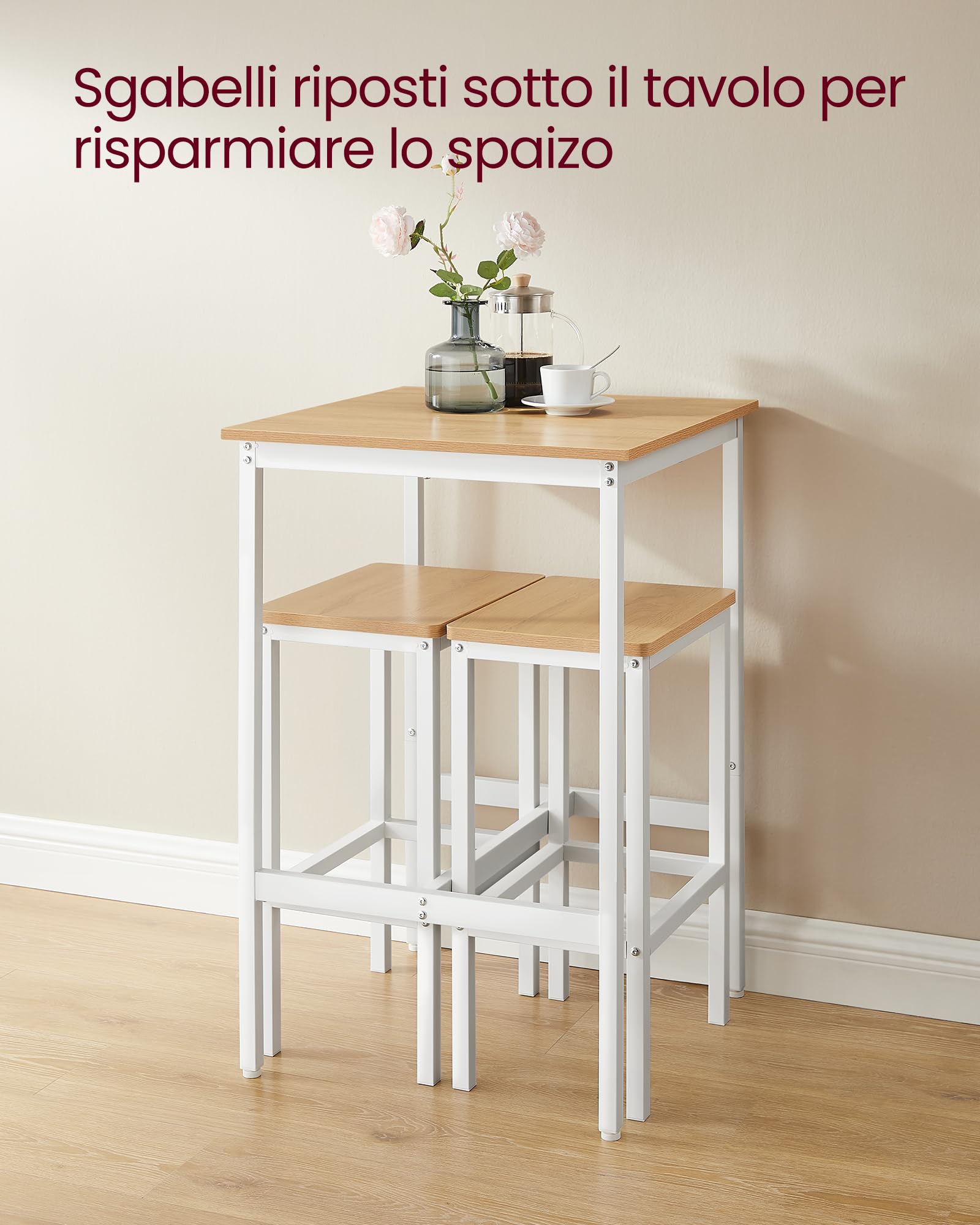 VASAGLE Tavolo da Bar con Sgabelli, Tavolo da Pranzo con 2 Sgabelli, Tavolo Cucina 60 x 60 x 90 cm, Sgabello di 30 x 40 x 65 cm, Sala da Pranzo, Rovere Dorato e Bianco Nuvola LBT017W09