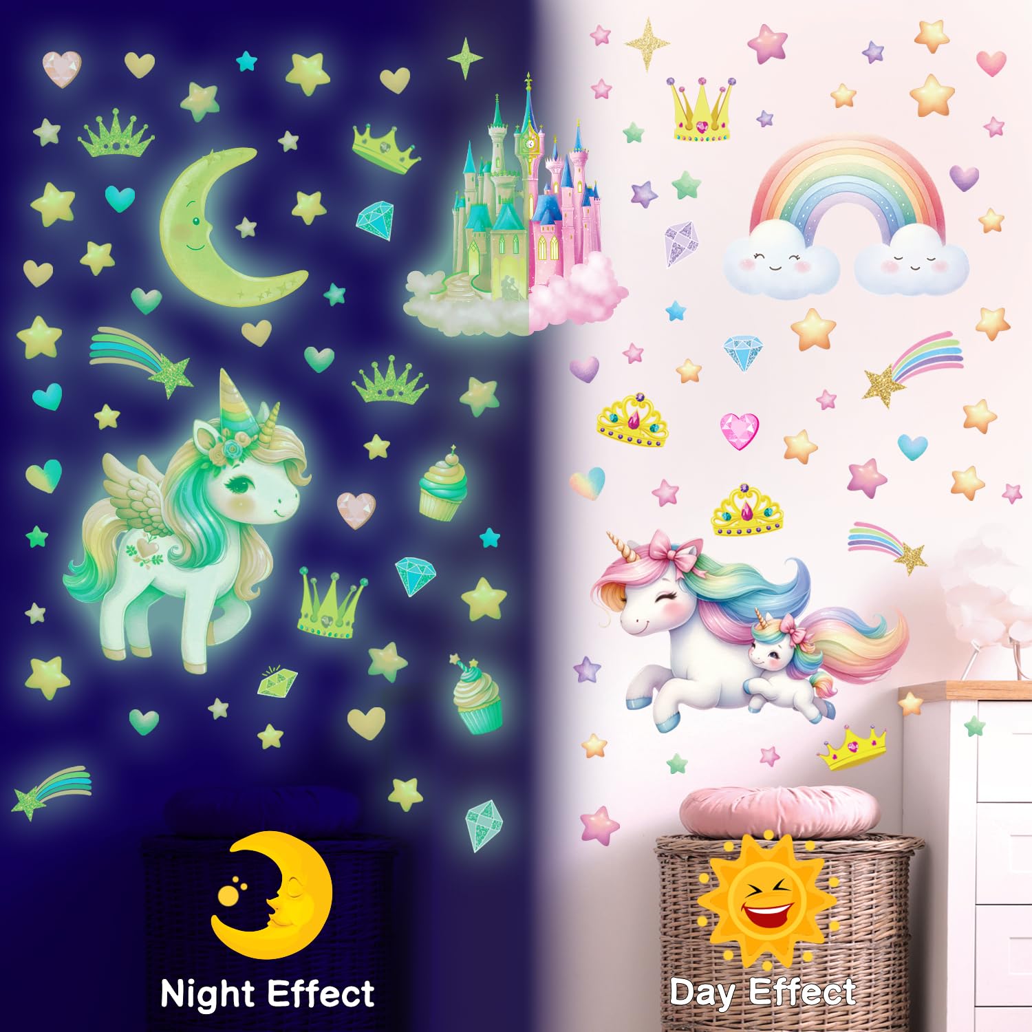 DECOWALL Glow in the Dark Unicorn Wall Stickers, Magical Rainbow Star Castle Wall Decals - Image 2