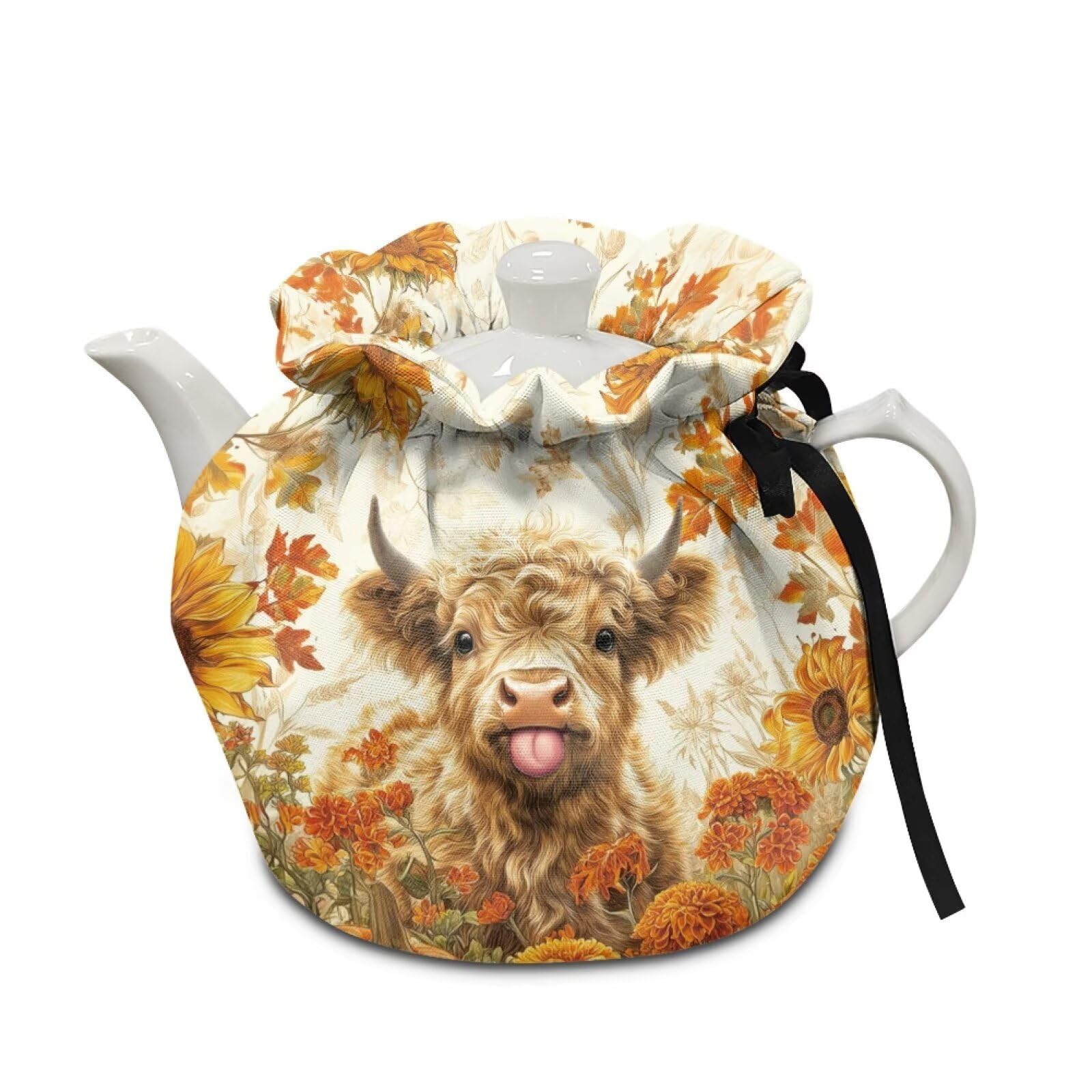Fall Highland Cow Tea Pot Cover Durable Teapot Pouch Insulated Kettle Cover Drawstring Teacup Covers Insulated Drop-Proof Shock-Proof Kitchen Home Dining Turkey Party