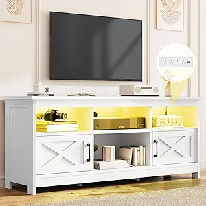 DWVO White TV Stand for 65 Inch TV, Entertainment Center, TV Cabinet with Power Outlet & LED Light Strip, Media Console Television Stands, Living Room Furniture 59 Inch