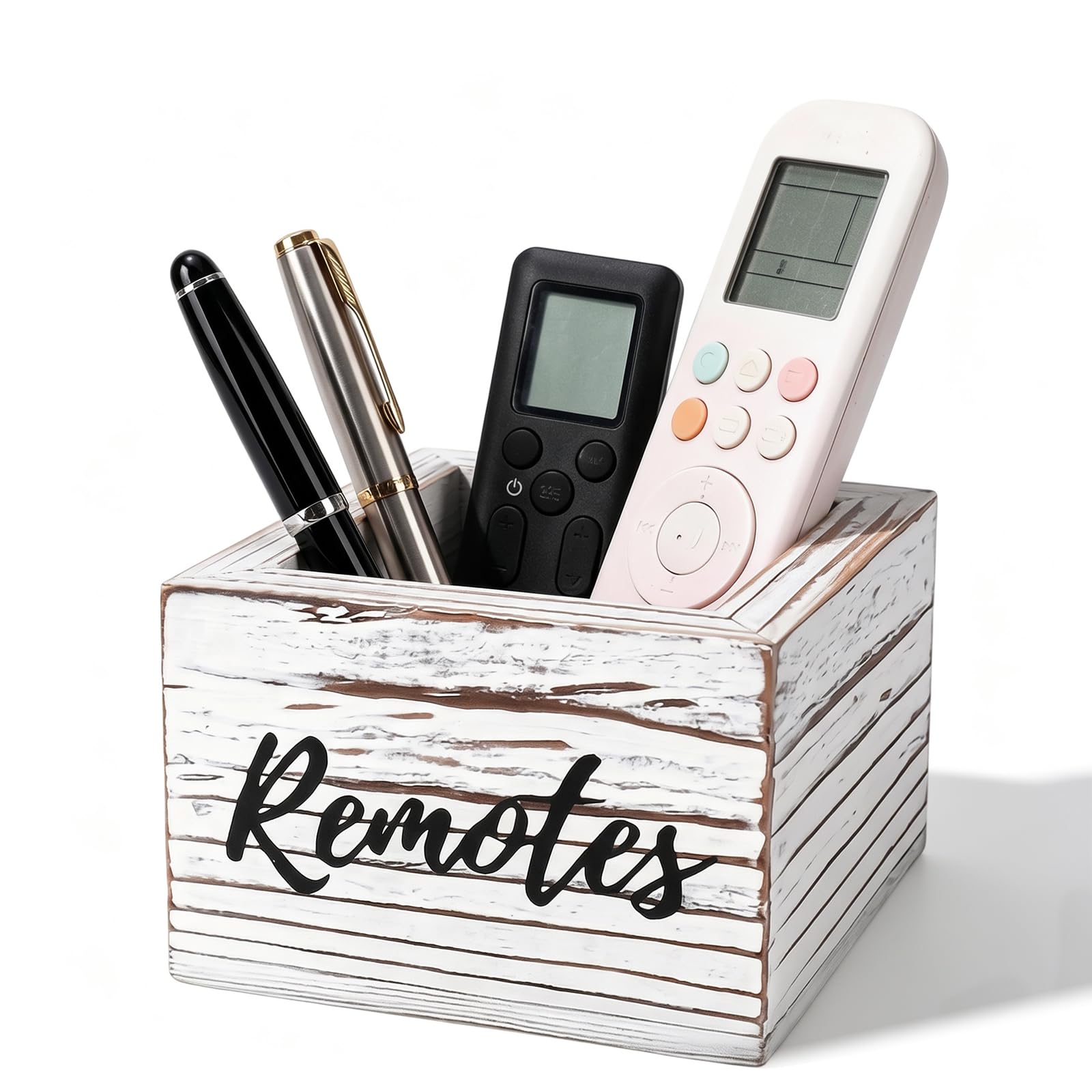 UOSIWYA Remote Control Holder, 14.5cm Wooden TV Controller Holder Storage Farmhouse Desk Organizer Square Remote Storage Box Organiser for Remotes Stationery Makeup Brush
