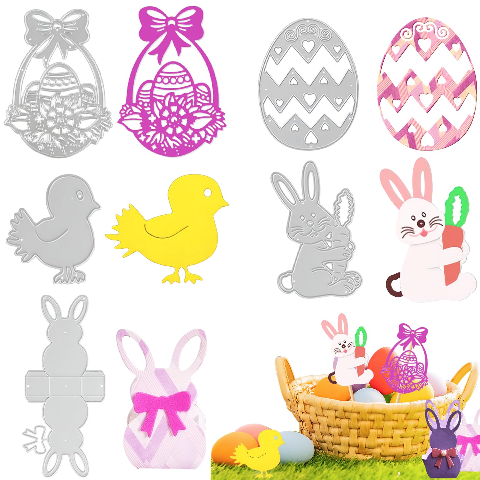 Stencil Per Punzonatura Pasqua - 4 Fustelle Metallo Con Conigli, Uova E