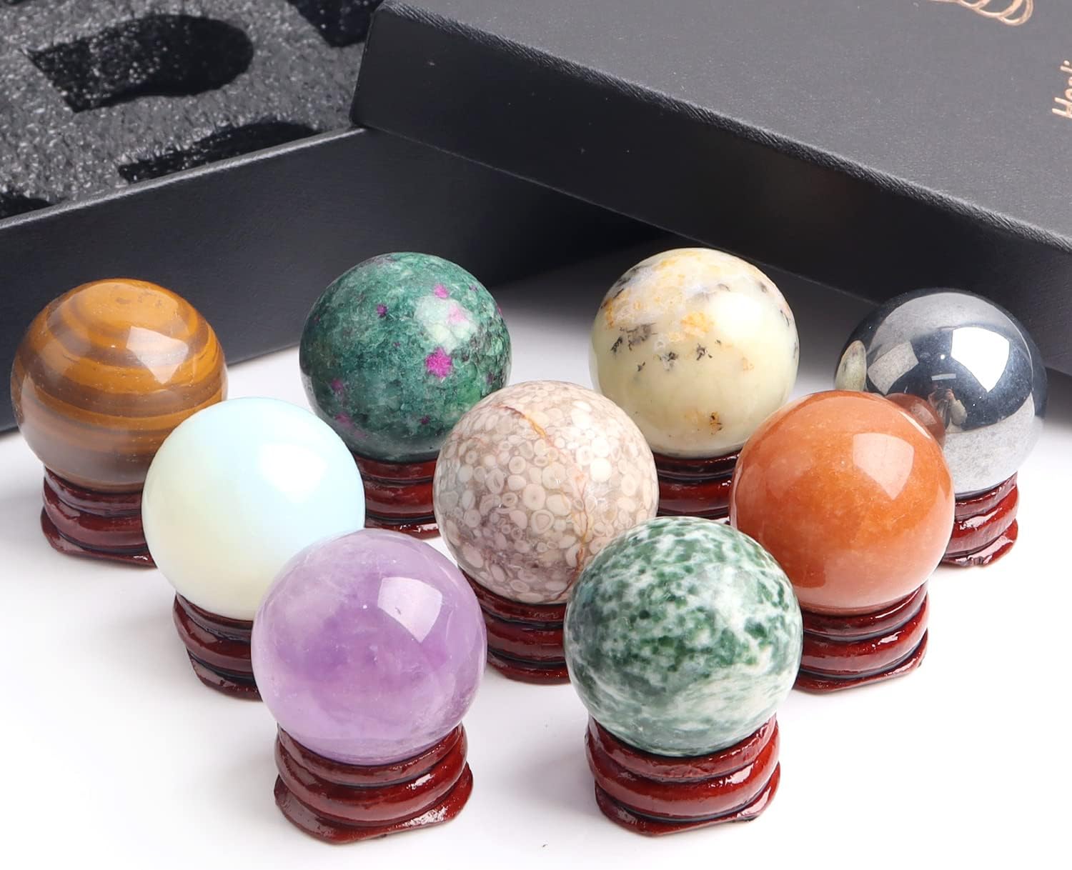 ELIOELIO 9pcs Natural Healing Crystal Balls Rock Stone Sphere (1.18in) with Redwood Stand and Gift Box for Decorative Ball,Witchcraft Divination (9pcs I)