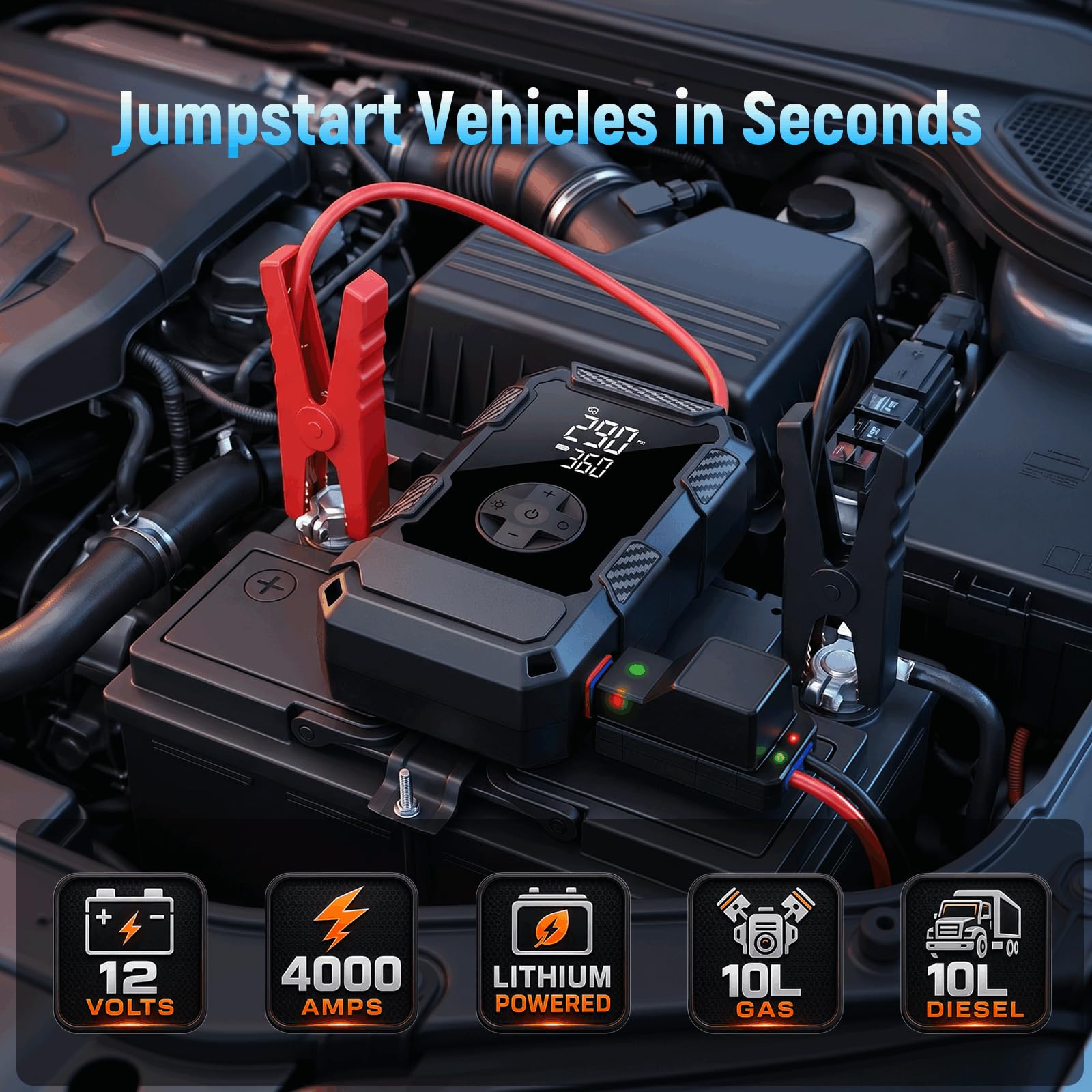 Avviatore portatile per auto da 4000 A, con compressore d'aria, batteria da 12 V con pompa per pneumatici, 150 psi, per motori diesel a gas da 10 l, confezione con batteria con luce LED, accessori per