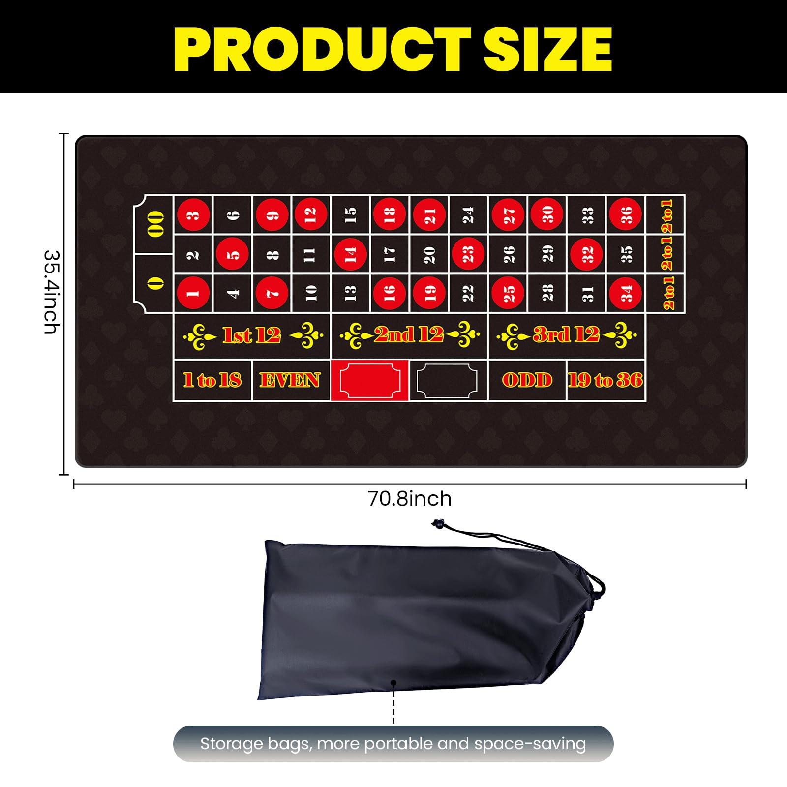Extguds Roulette-Tisch-Layout-Matte, wasserdicht und rutschfest, Gummi, Casino-Roulette-Matte mit Aufbewahrungstasche, perfekt für Party, Spieleabend