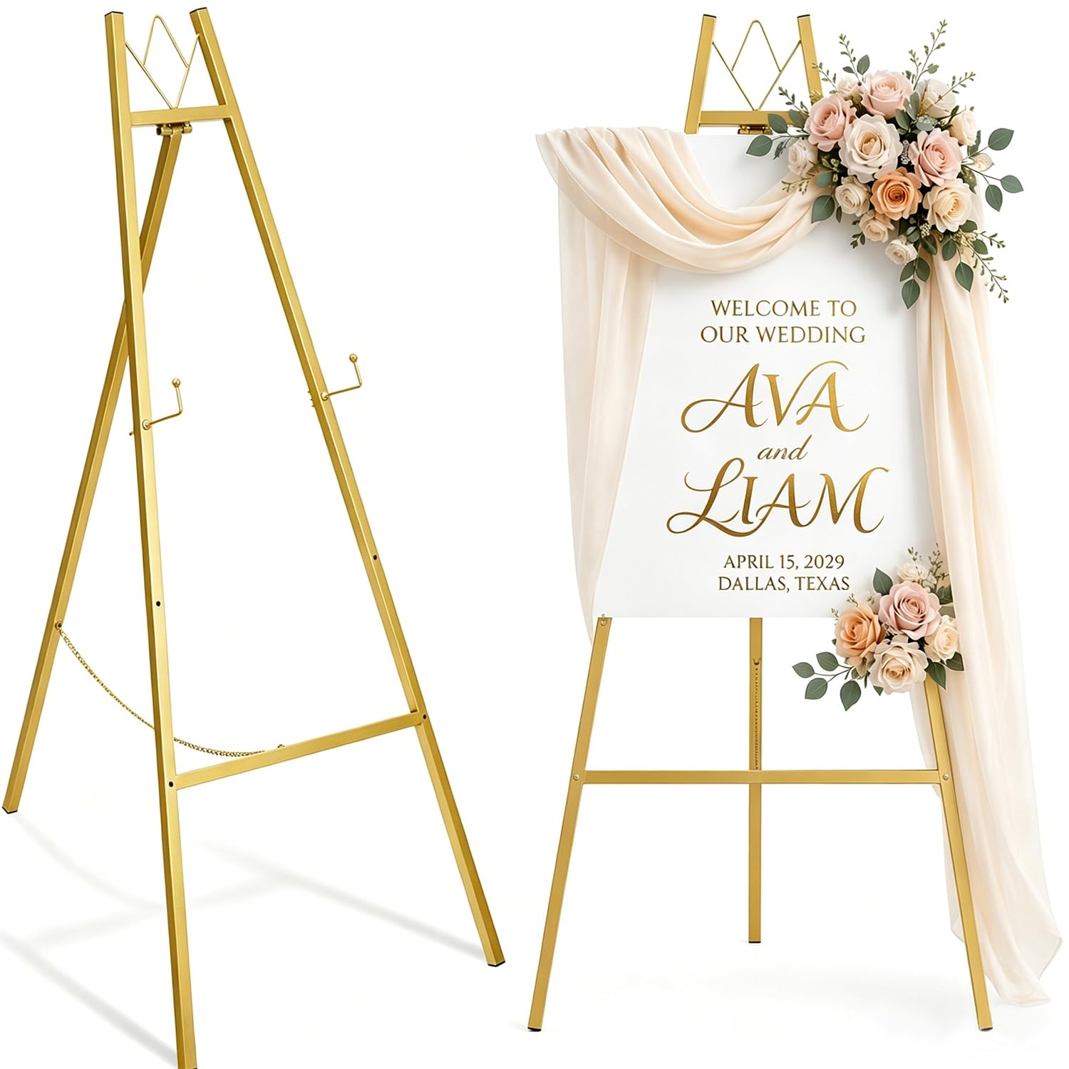 WATIHERE Goldener Staffelei-Ständer für Hochzeitsschilder, keine Montage erforderlich, verstellbar, stabiles Display für Kunst, Gemälde, Poster, Bilder und Heimdekoration