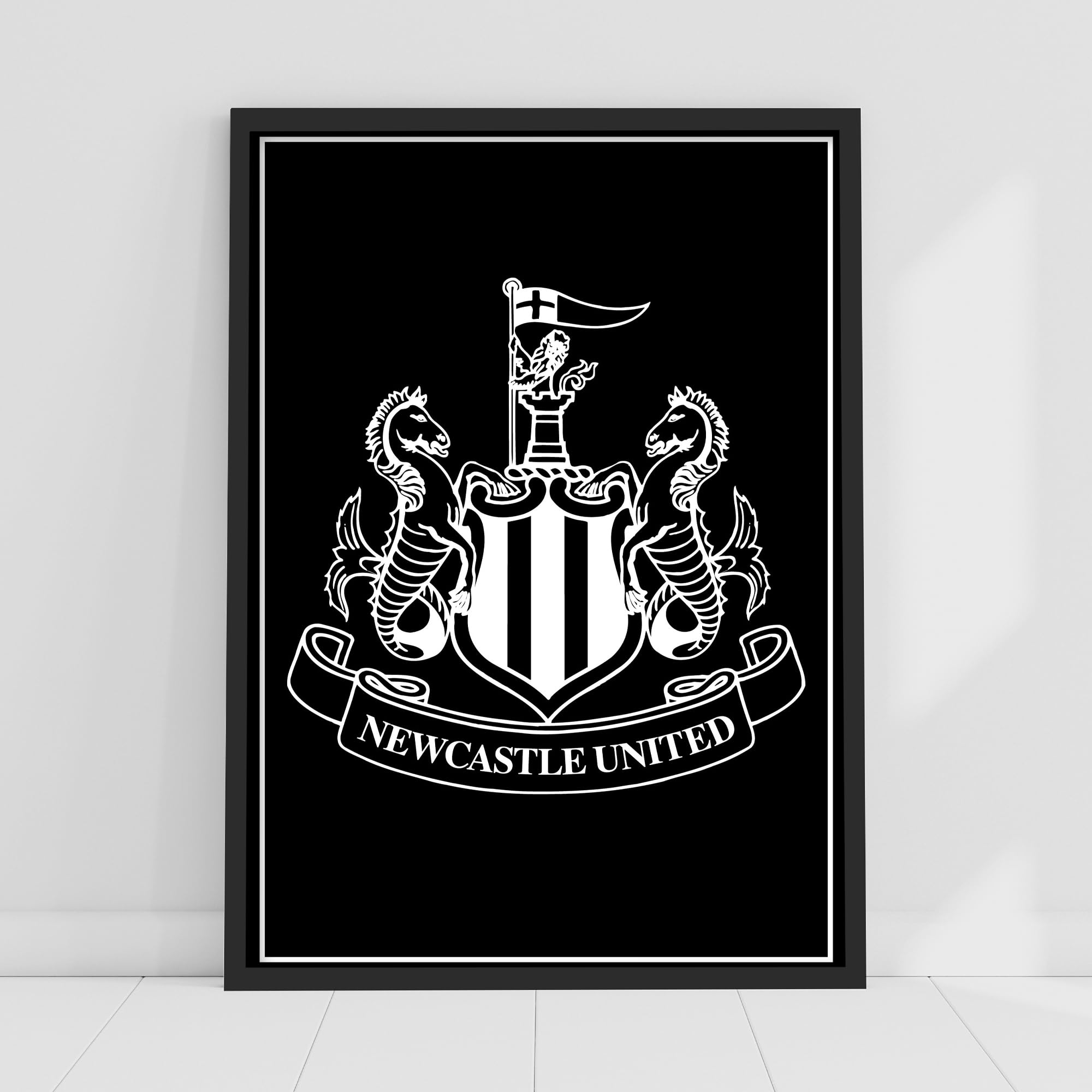 Themed Black Newcastle United Fc Print - White Crest Poster Football Wall Art (42Cm X 59.4Cm - A2)