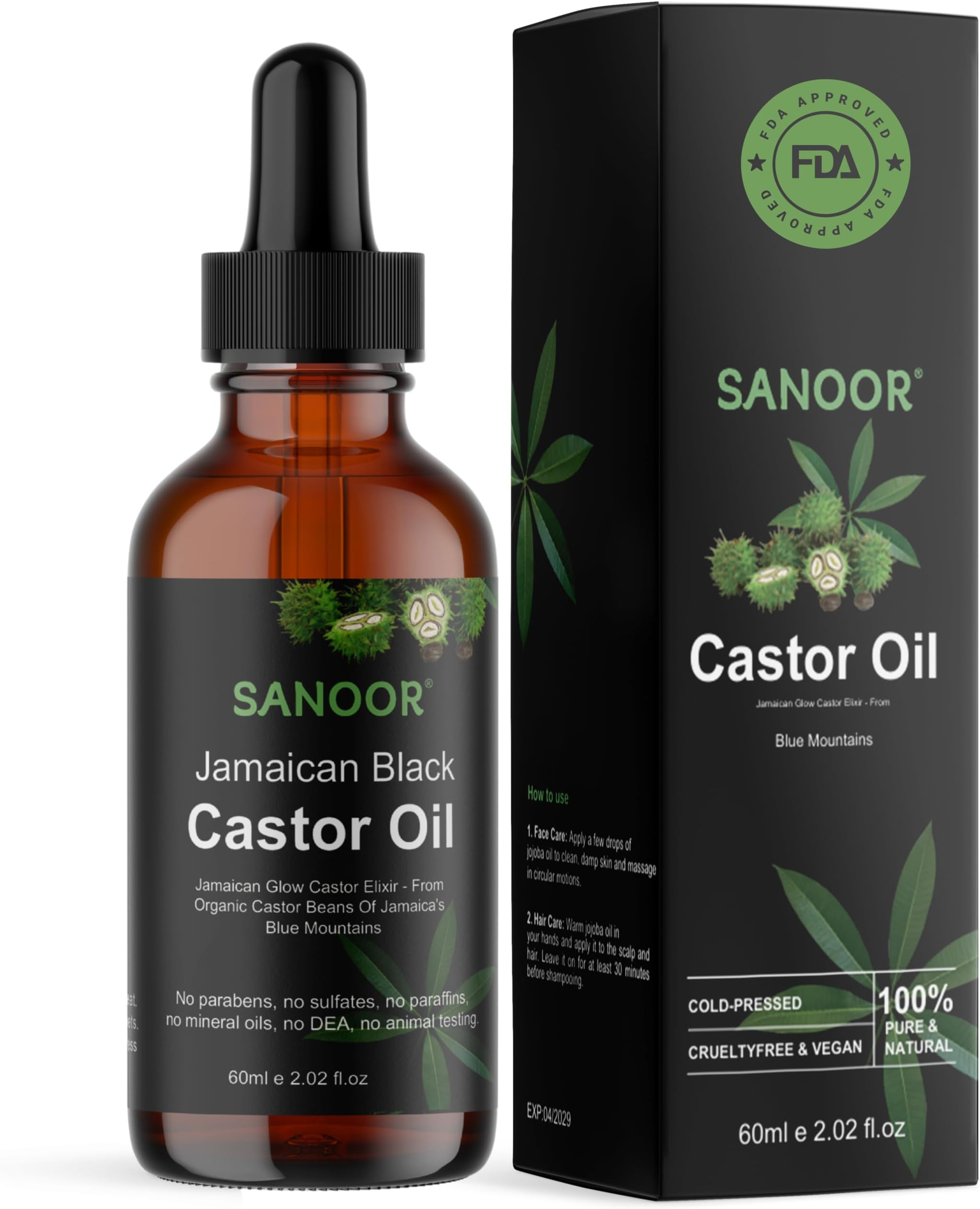 SANOOR Castor Oil for Hair, Lash, Brow & Skin Care, Jamaican Black Castor Oil, Cold-Pressed, Hexane-Free, Pure Carrier Oil for Daily Beauty Routines, 60 ml