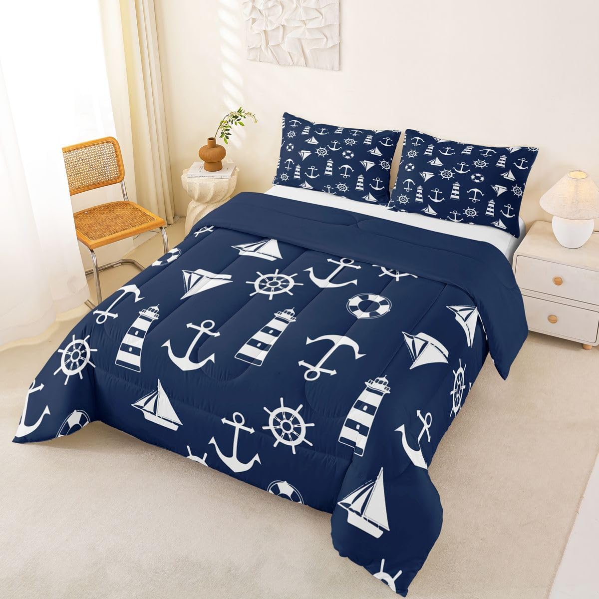 Feelyou Nautical Bedding Set,Kids Boys Girls King Size Sailboat and Anchor Print Comforter Set,Ultra Soft Ships Lighthouse Compass Comforter,Ocean Themed Duvet Quilt,Bedroom Decor Quilt