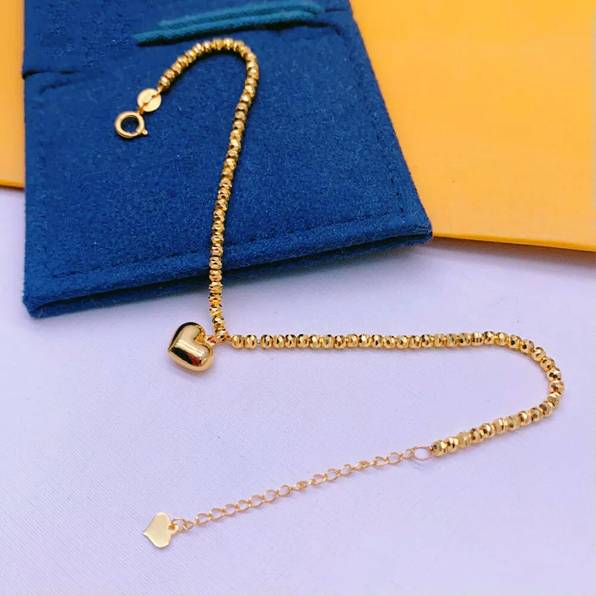 Pulsera de Cadena de eslabones con Dije de corazón y Cuentas de 1,8 mm de Ancho en Oro Amarillo Real de 18 Quilates