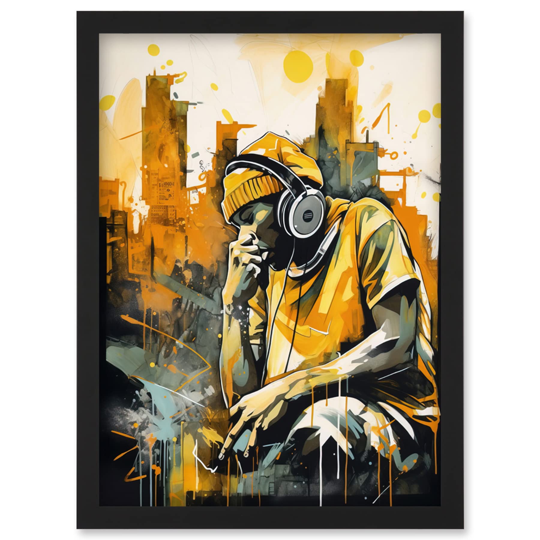 Artery8 Abstract Cityscape Young Man Wearing Headphones Listening to Music Modern Watercolour Illustration Artwork Framed Wall Art Print A4