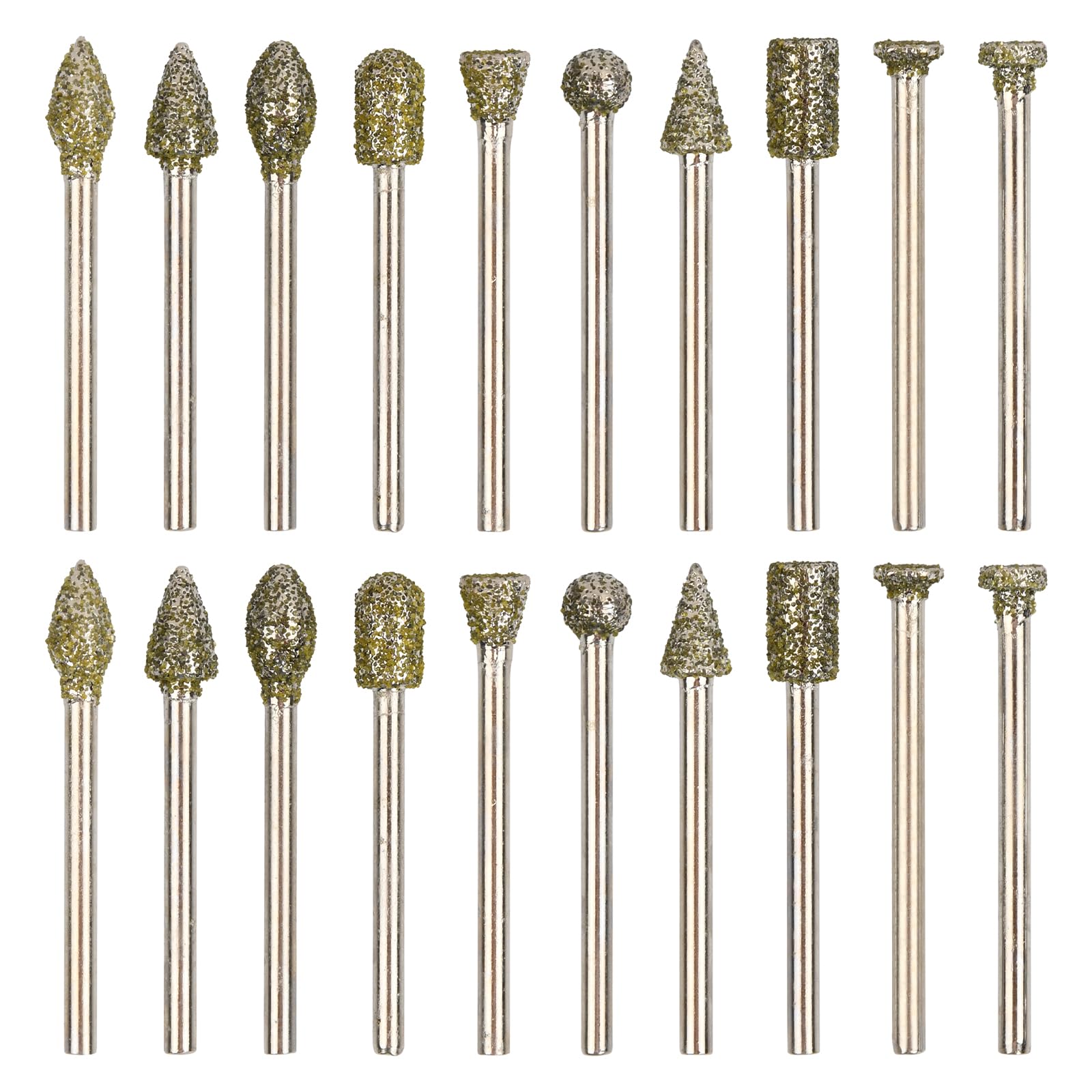 20Pcs Diamond Grinding Burr Bits Set, 1/8 Inch Shank Rotary Tool Accessories for Stone Glass Ceramics Wood Carving, Polishing, Engraving, Die Grinder Bits