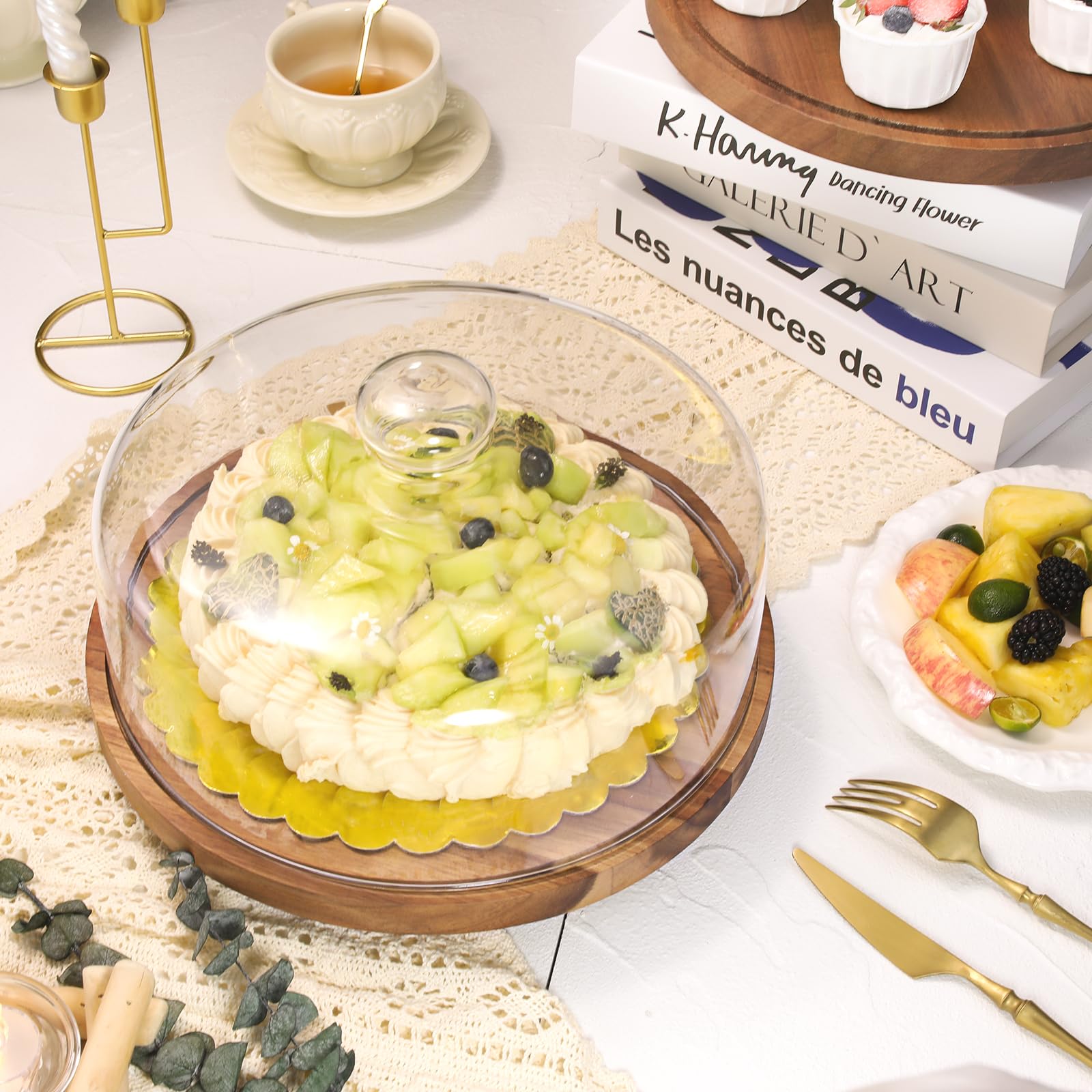 Soporte para tartas con tapa de cristal – bandeja multifunción giratoria 360° de madera – incluye campana y base para servir, decoración de fiestas