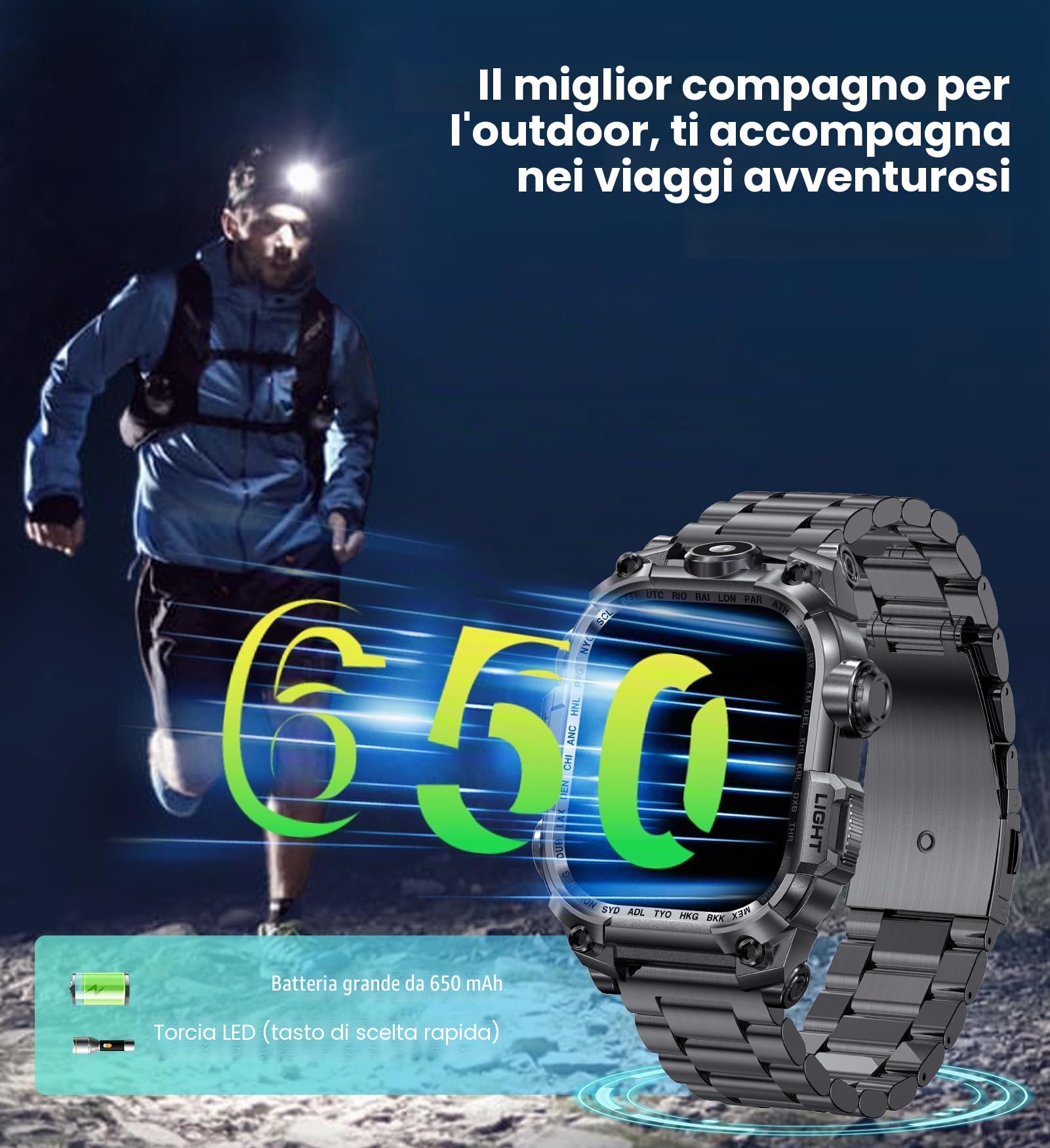 Smartwatch Uomo, 2.01" Militari Smart Watch con Chiamate 150+ Modalità Sportive 650 mAh LED Torcia Contapassi Sonno Cardiofrequenzimetro, Rugged Smart Watch Impermeabile per Android iOS(Nero)