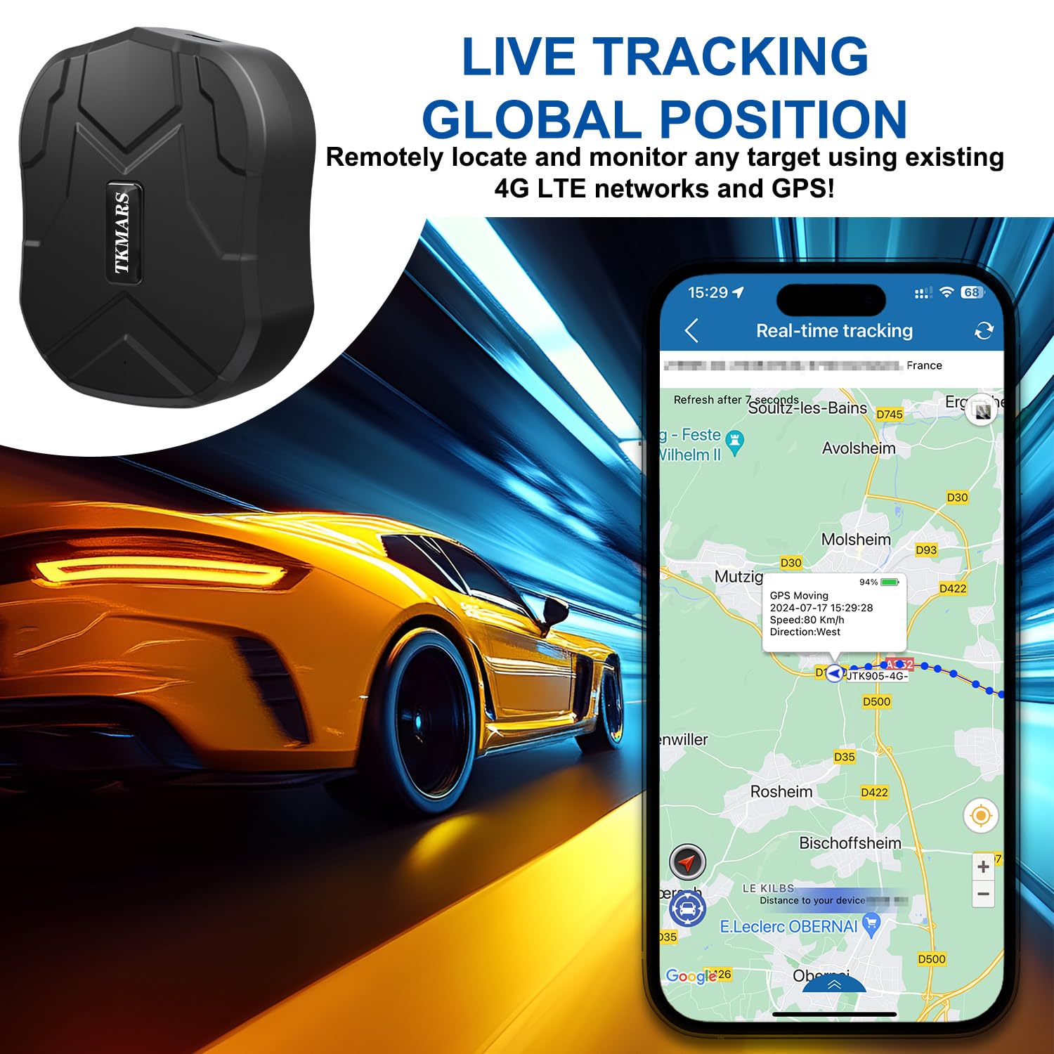 Localizador GPS 4G para Coche con Tarjeta SIM, 10000mAH Batería Rastreador GPS Magnético Impermeable IP65, Seguimiento en Tiempo Real sin Instalación, Tracker para Moto Camión y Vehículos, TK905BE