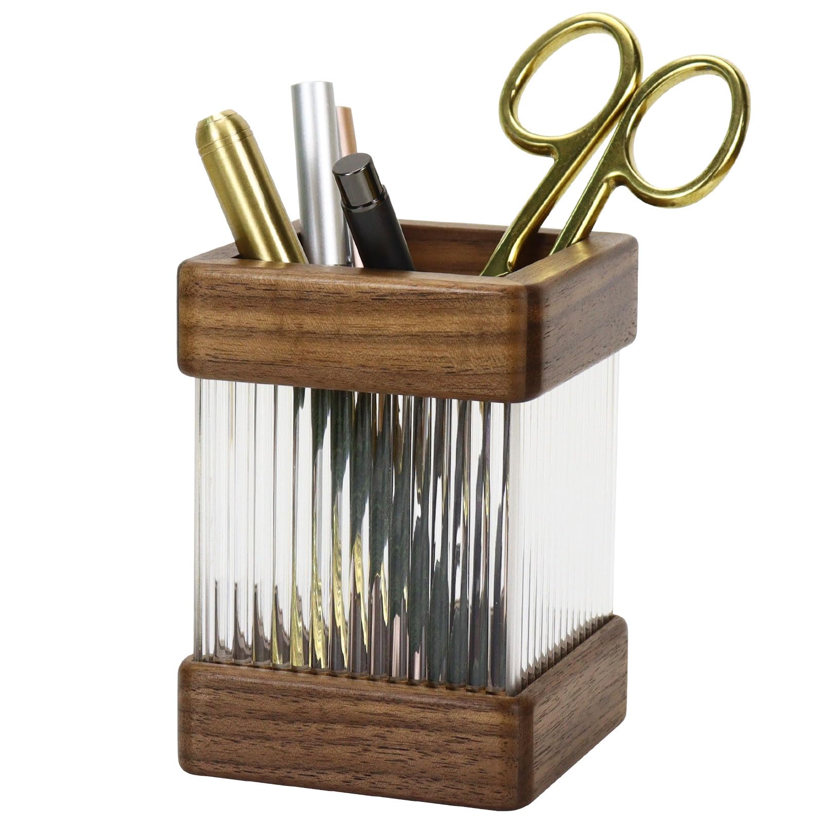 MultiBey Walnut Wooden Pencil Holder, Clear Acrylic Wood Pen Holder, Black Walnut Desktop Pencil Cup Stand Wood Desk Accessory Organizer for School